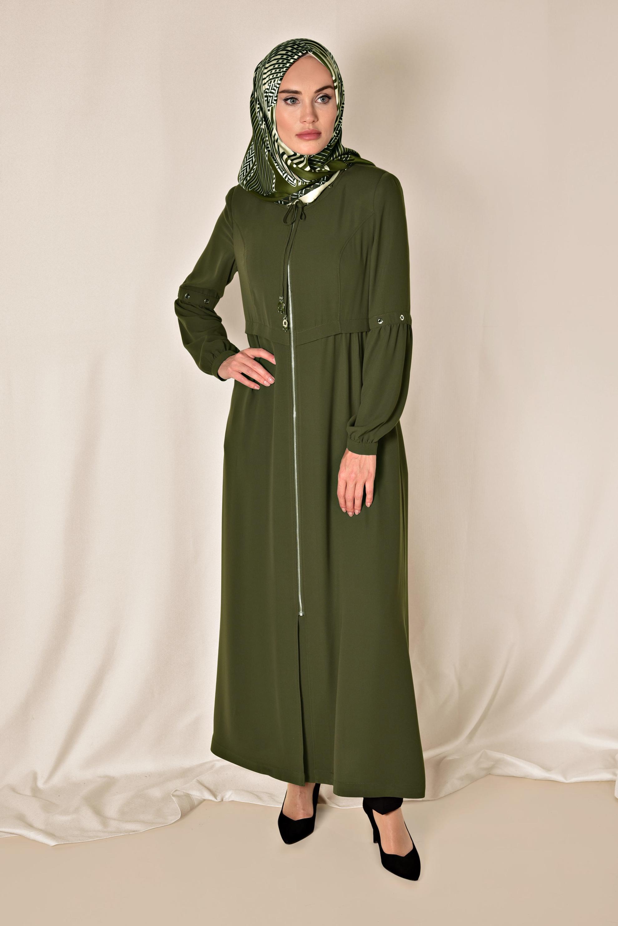 Tesettür giyim HAKİ  FERMUARLI PARDESÜ 1401 