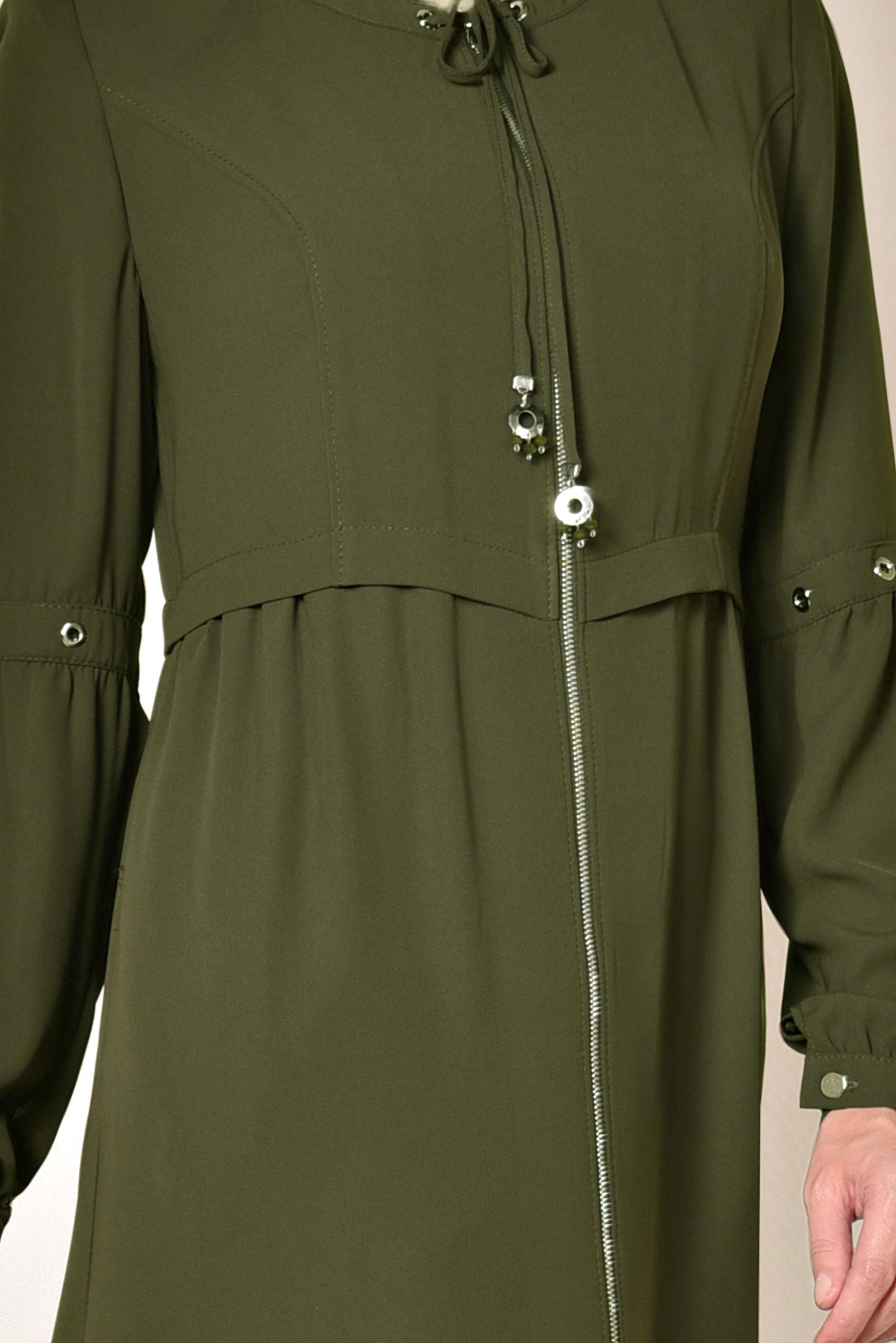 Tesettür giyim HAKİ  FERMUARLI PARDESÜ 1401 