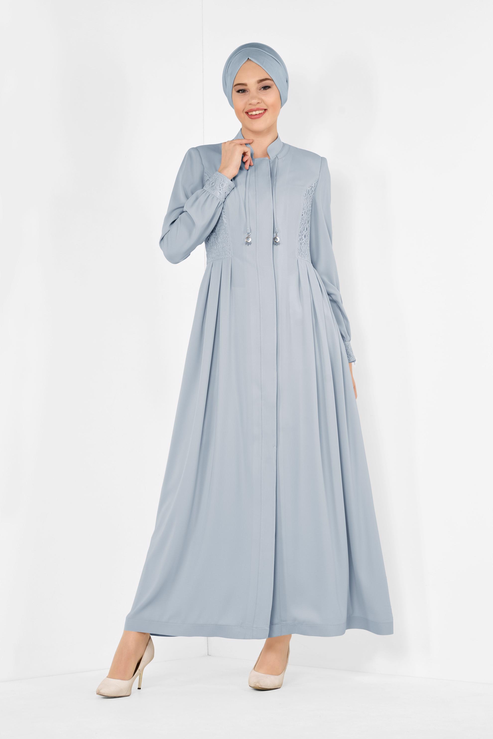 Tesettür giyim GRİ GÜPÜRLÜ VE PİLİSELİ PARDESÜ 1402