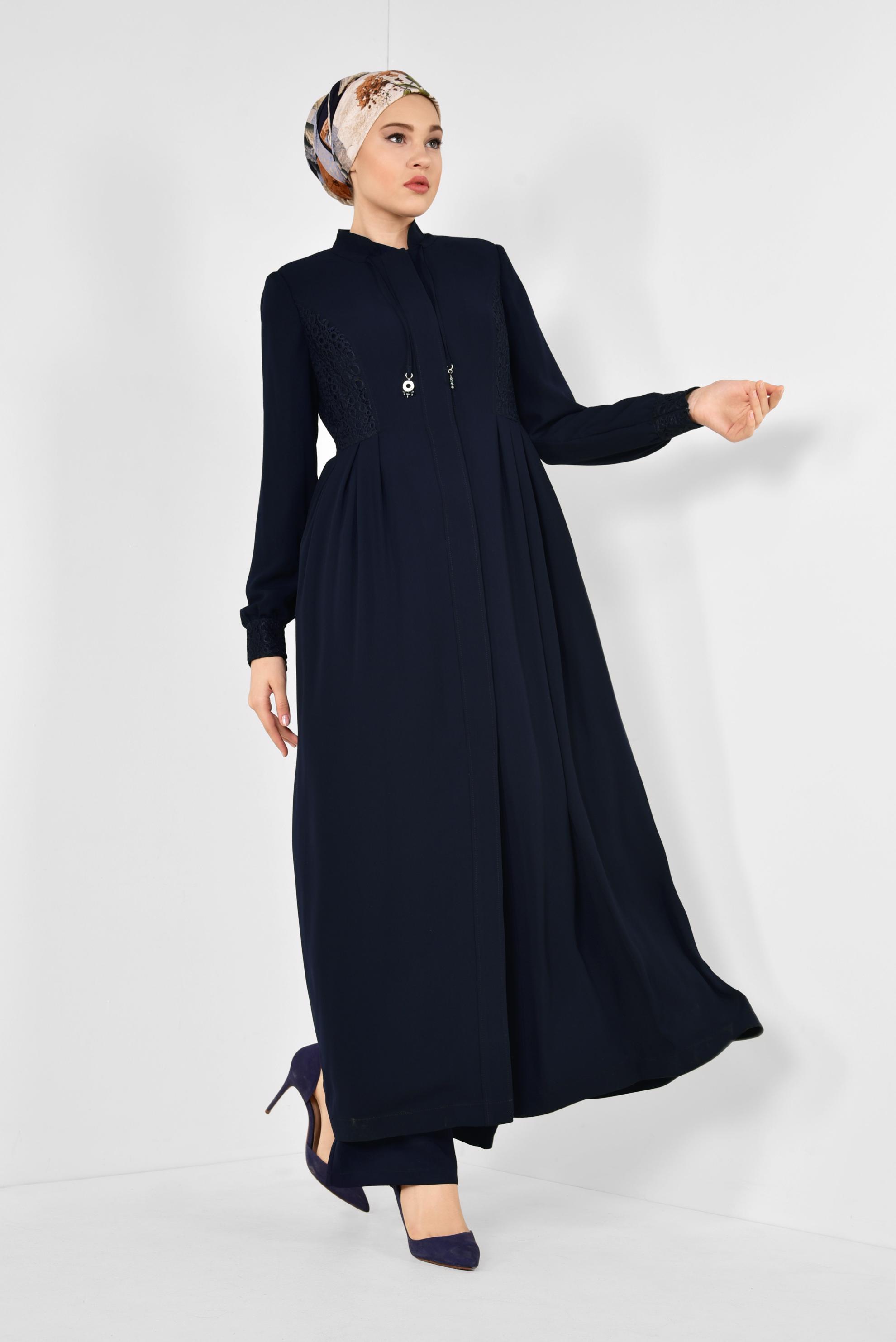 Tesettür giyim LACİVERT GÜPÜRLÜ VE PİLİSELİ PARDESÜ 1402