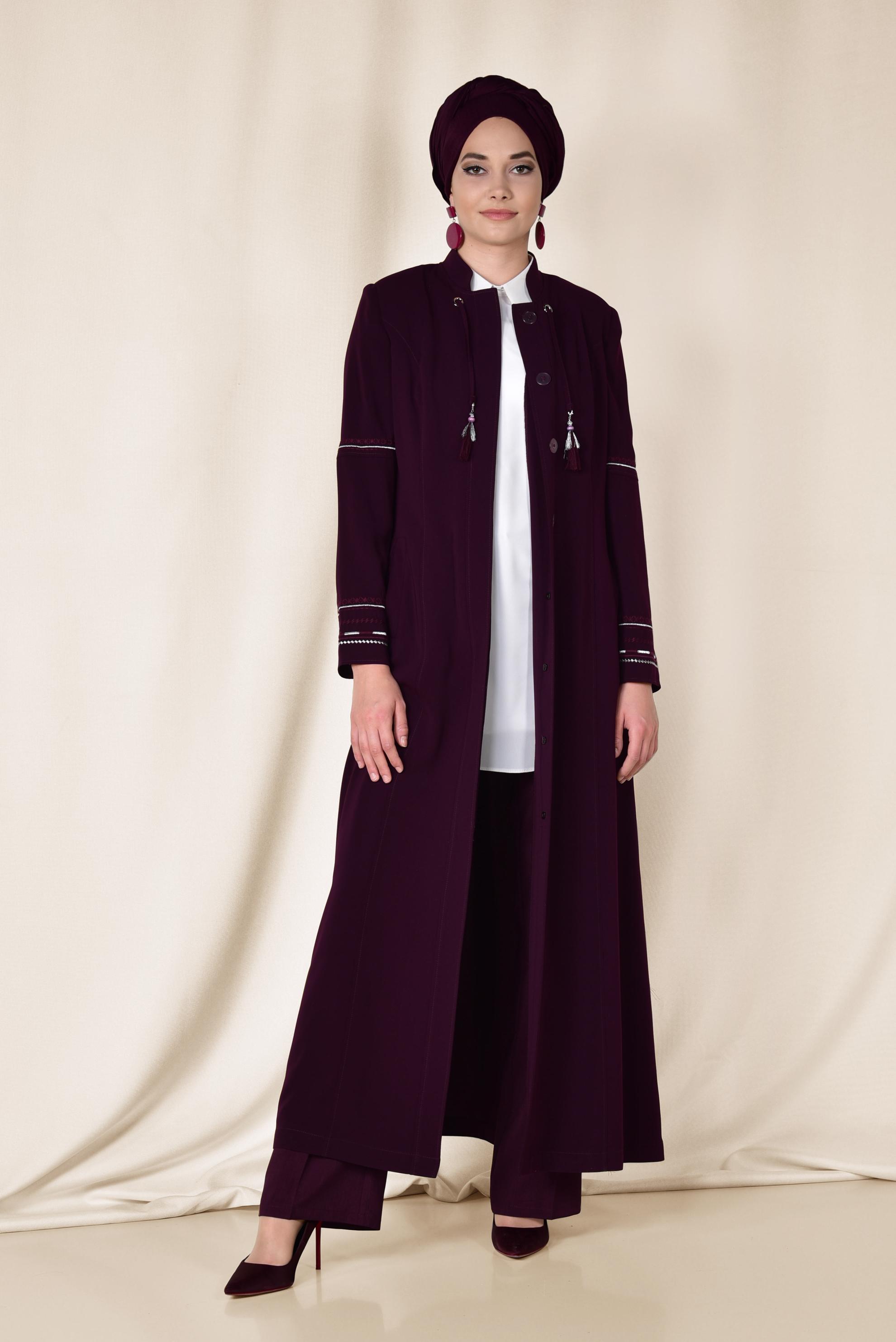 Tesettür giyim BORDO NAKIŞLI PÜSKÜL DETAYLI PARDESÜ 1417