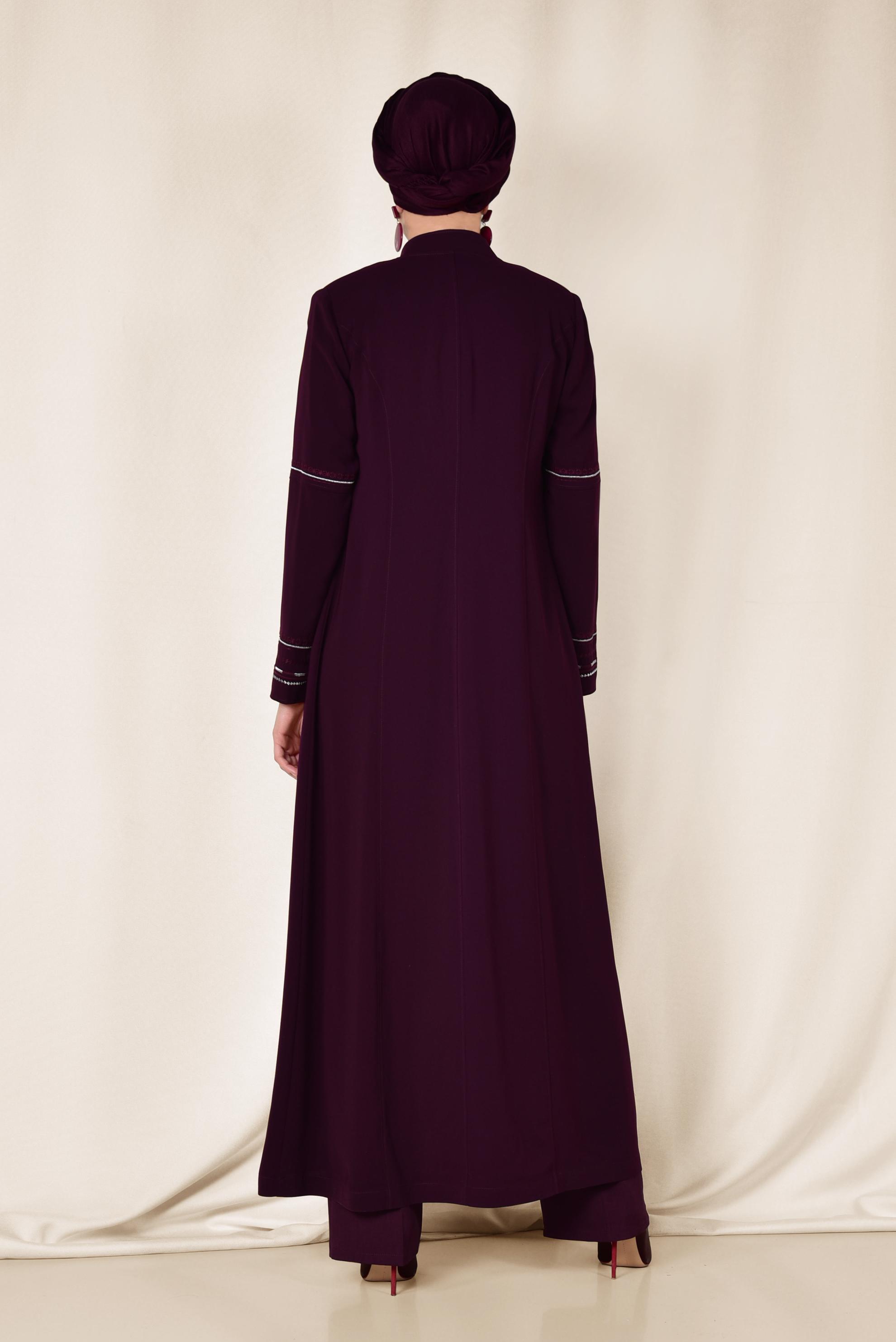 Tesettür giyim BORDO NAKIŞLI PÜSKÜL DETAYLI PARDESÜ 1417