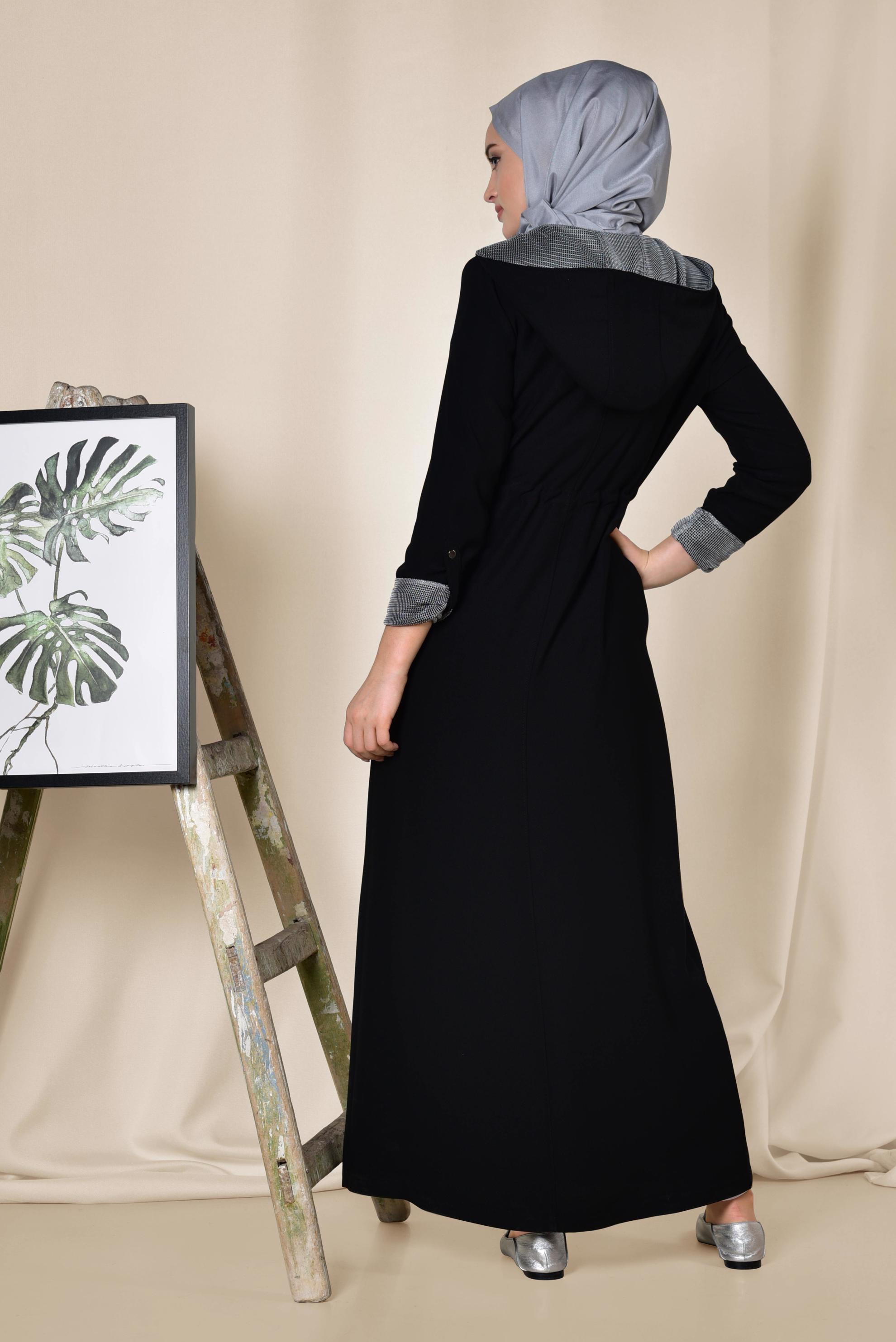 Tesettür giyim SİYAH BELİ BÜZGÜLÜ KAPÜŞONLU PARDESÜ 1420