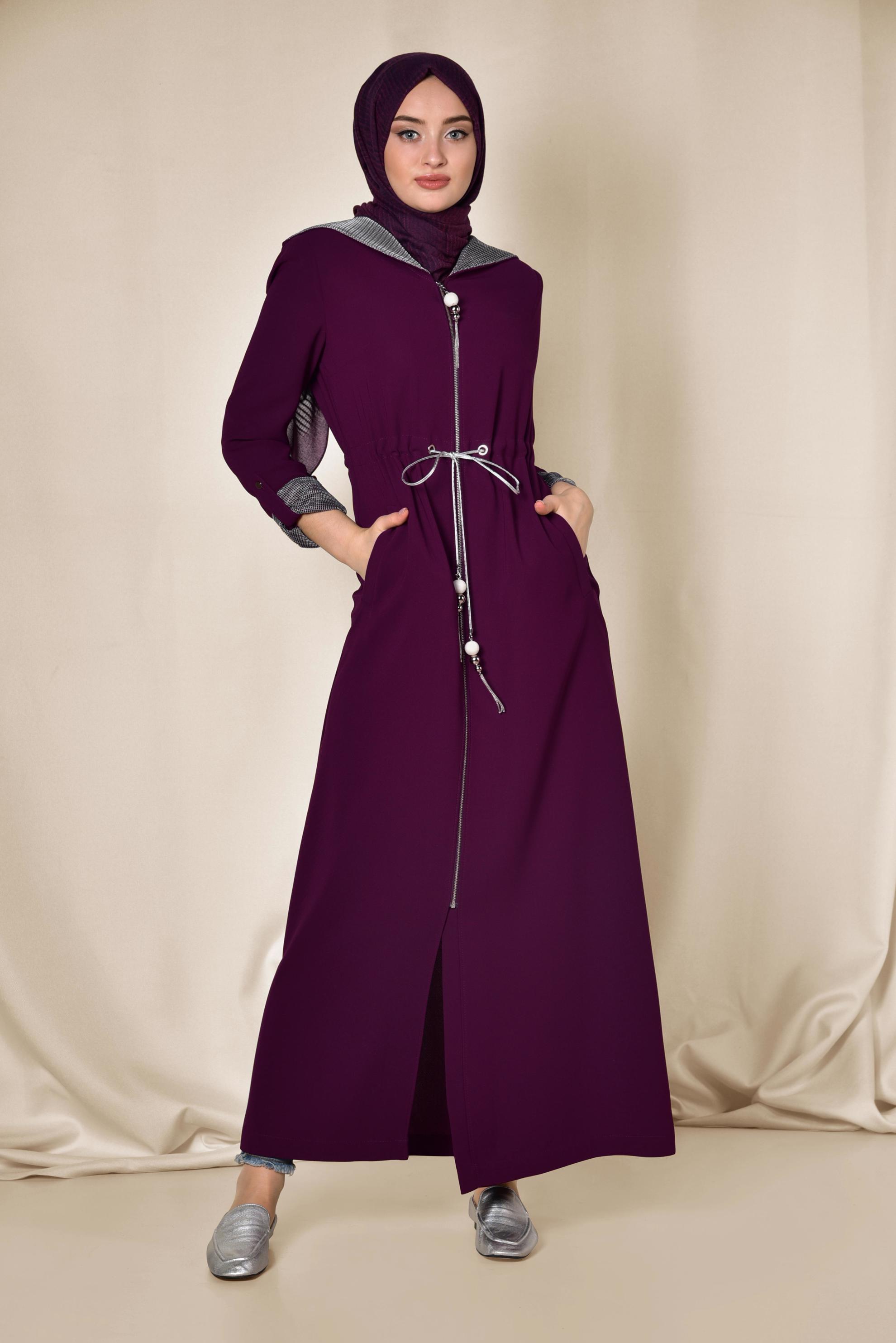 Tesettür giyim MOR BELİ BÜZGÜLÜ KAPÜŞONLU PARDESÜ 1420