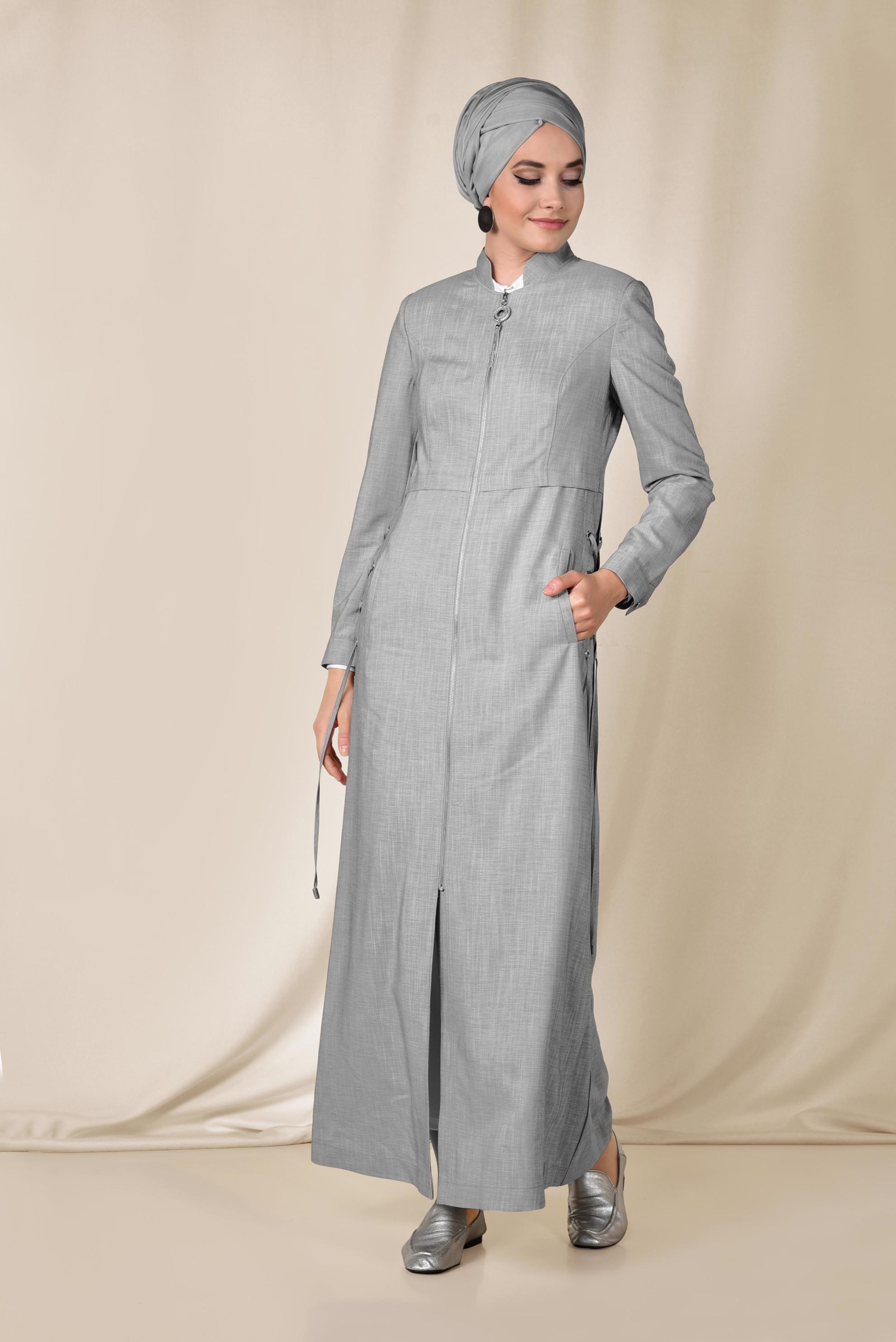 Tesettür giyim GRİ ÇAPRAZ BAĞCIK DETAYLI PARDESÜ 1421