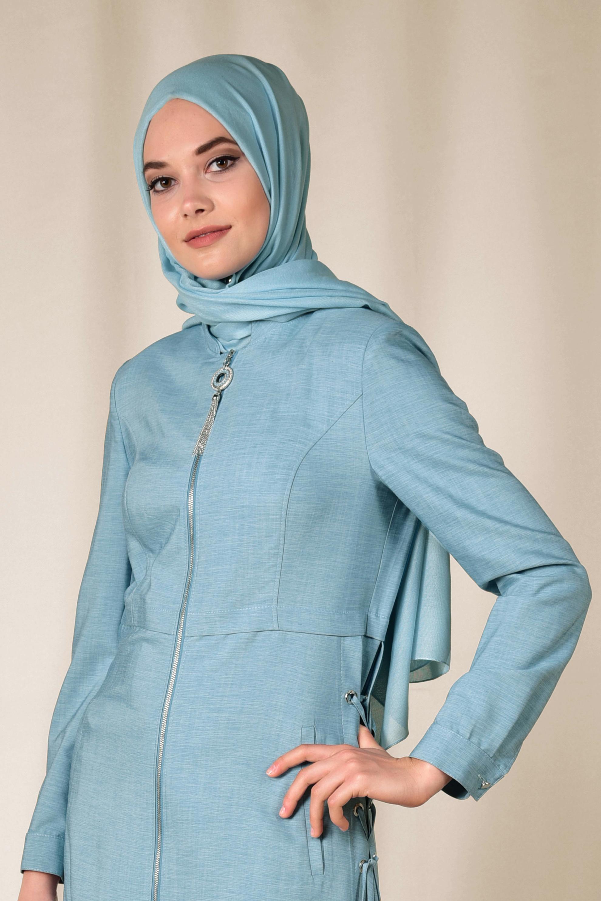 Tesettür giyim MAVİ ÇAPRAZ BAĞCIK DETAYLI PARDESÜ 1421