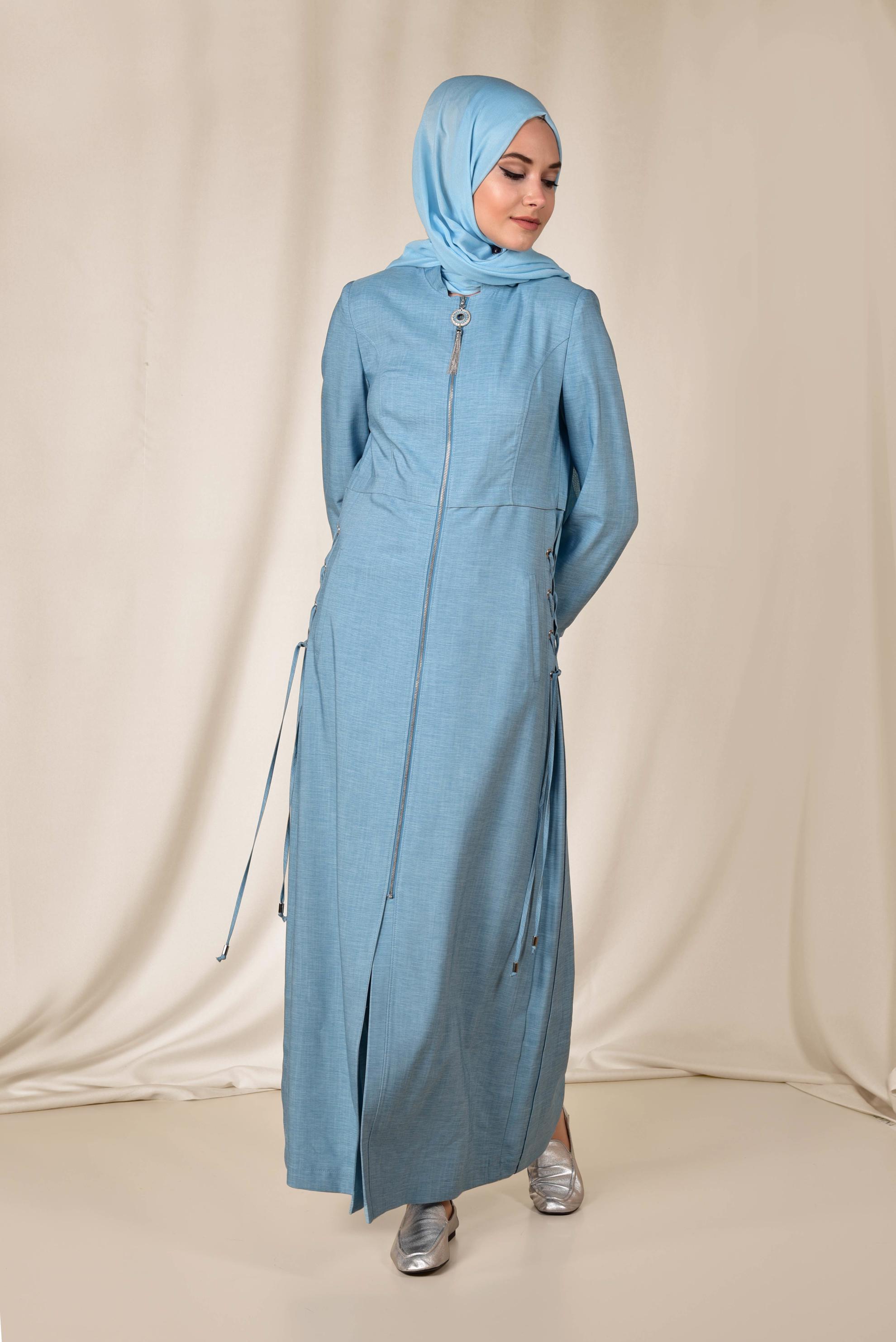 Tesettür giyim MAVİ ÇAPRAZ BAĞCIK DETAYLI PARDESÜ 1421