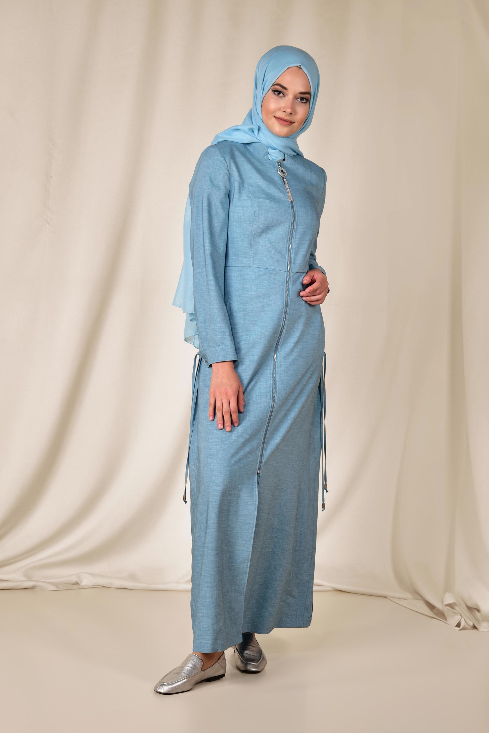 Tesettür giyim MAVİ ÇAPRAZ BAĞCIK DETAYLI PARDESÜ 1421