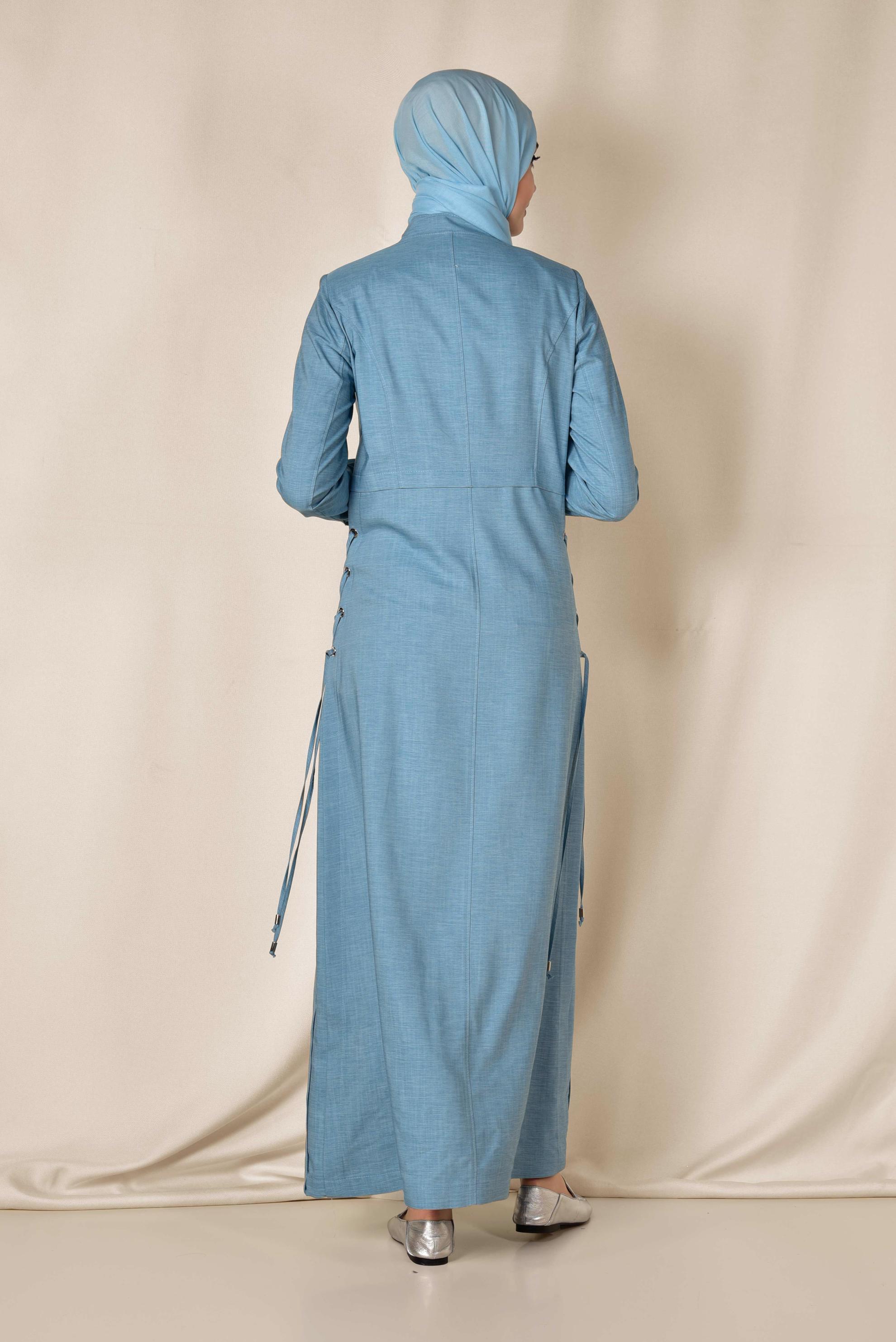 Tesettür giyim MAVİ ÇAPRAZ BAĞCIK DETAYLI PARDESÜ 1421