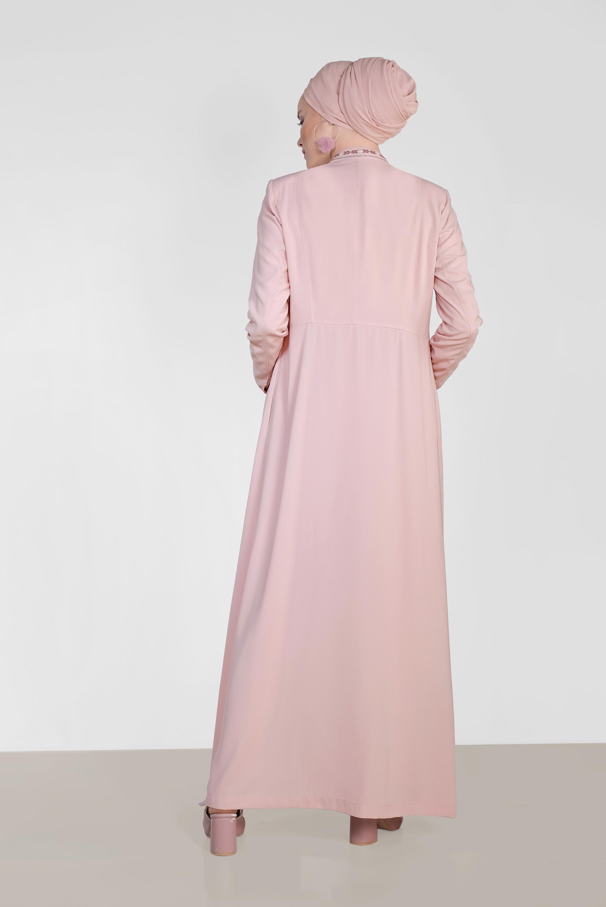 Tesettür giyim PUDRA PİLELİ HAKİM YAKA PARDESÜ 1424