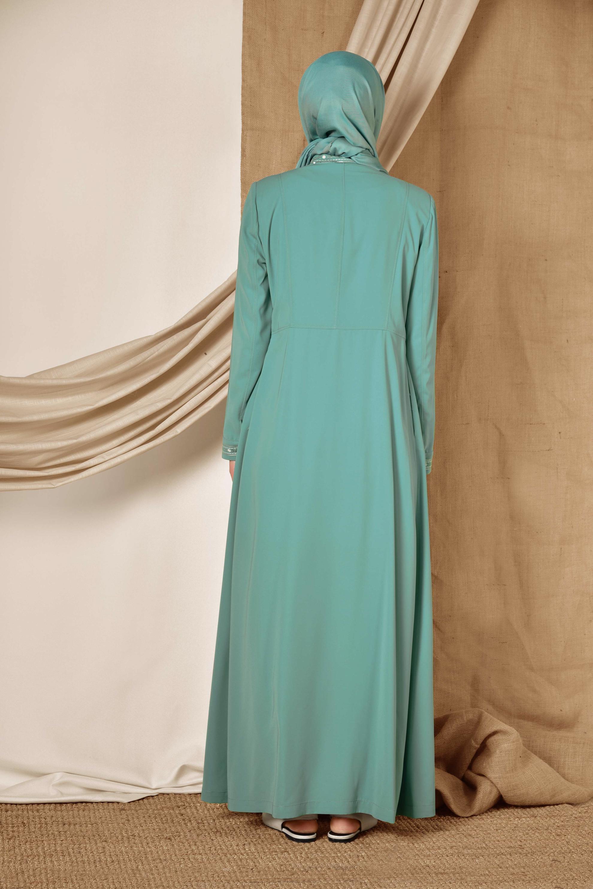 Tesettür giyim YEŞİL PİLELİ HAKİM YAKA PARDESÜ 1424