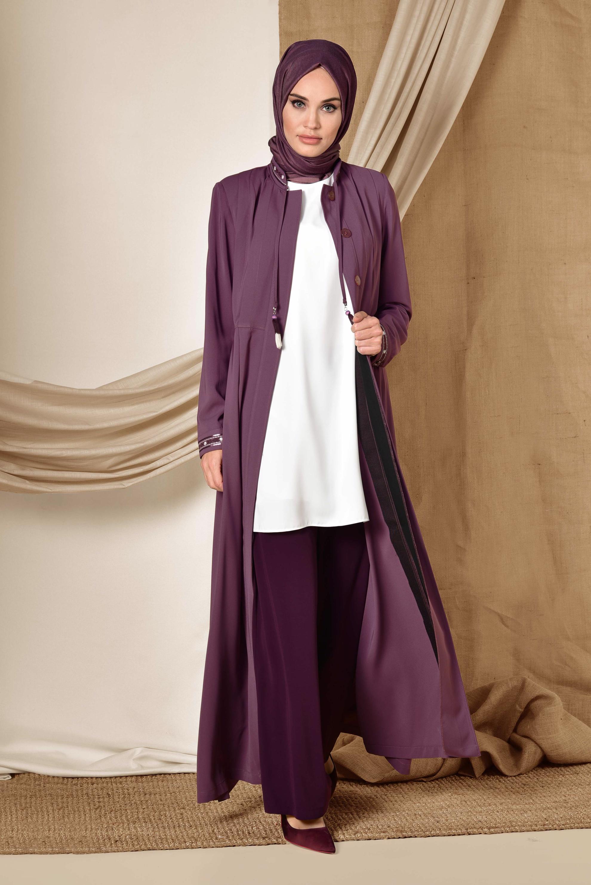 Tesettür giyim PEMBE PİLELİ HAKİM YAKA PARDESÜ 1424