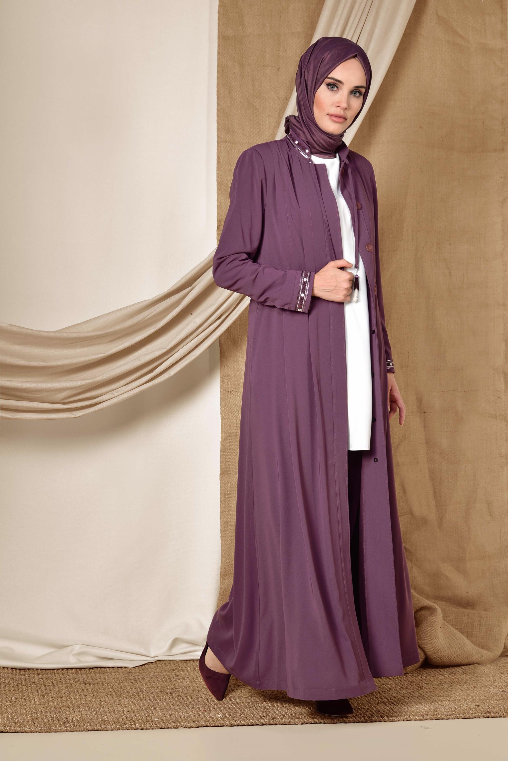 Tesettür giyim PEMBE PİLELİ HAKİM YAKA PARDESÜ 1424