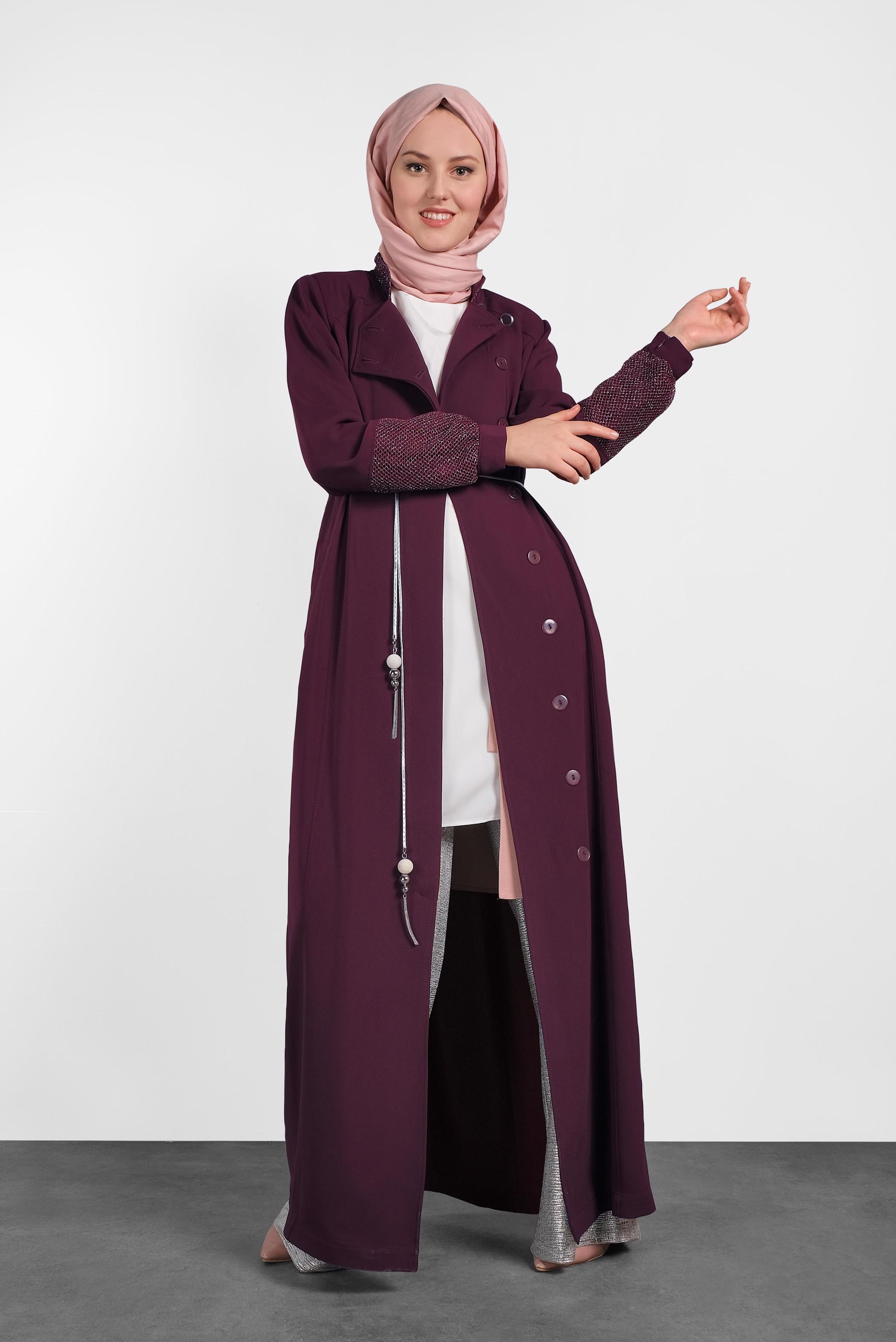 Tesettür giyim BORDO GİZLİ DÜĞMELİ PARDESÜ 1438