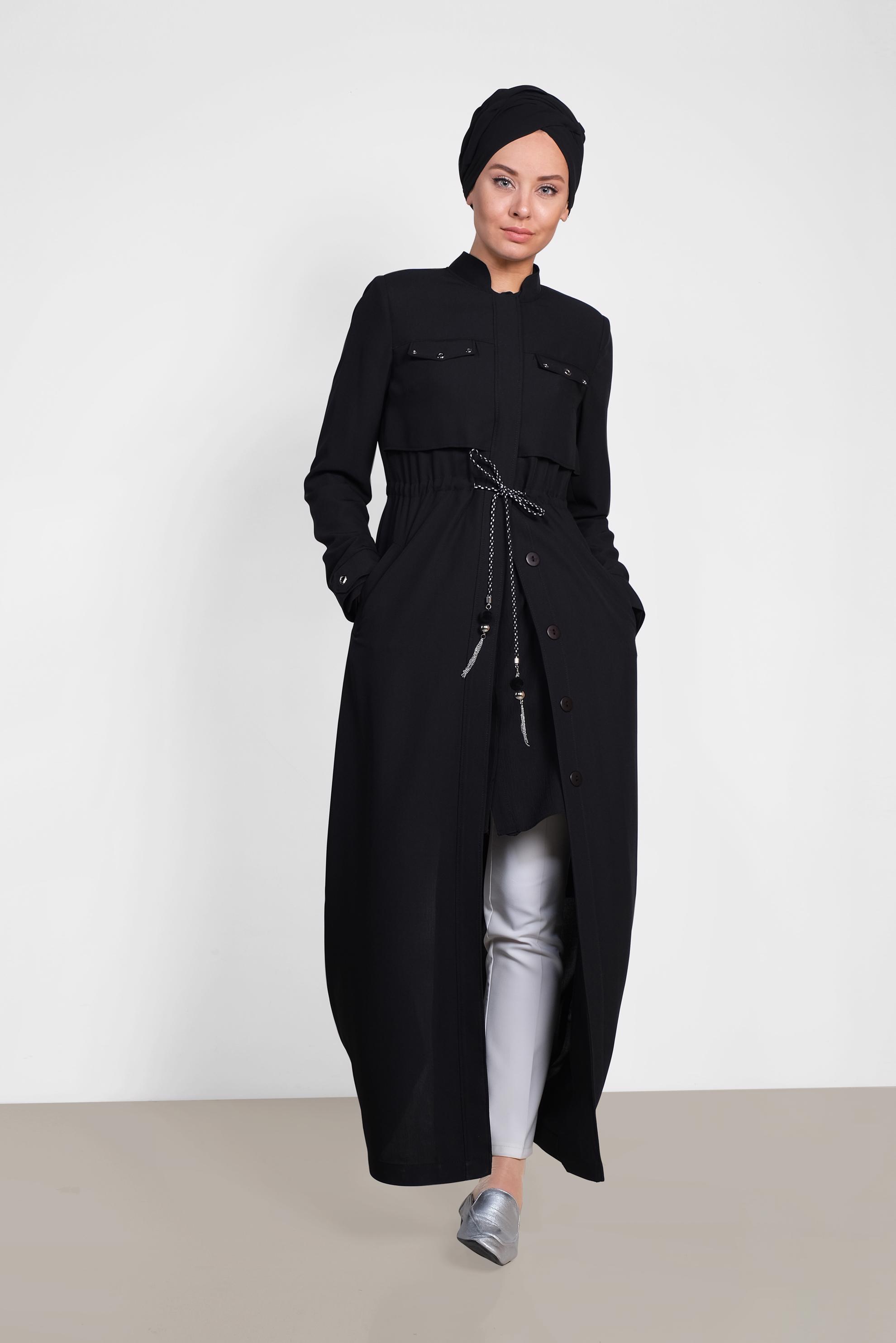 Tesettür giyim SİYAH BELİ BÜZGÜLÜ GİZLİ DÜĞMELİ PARDESÜ 1439