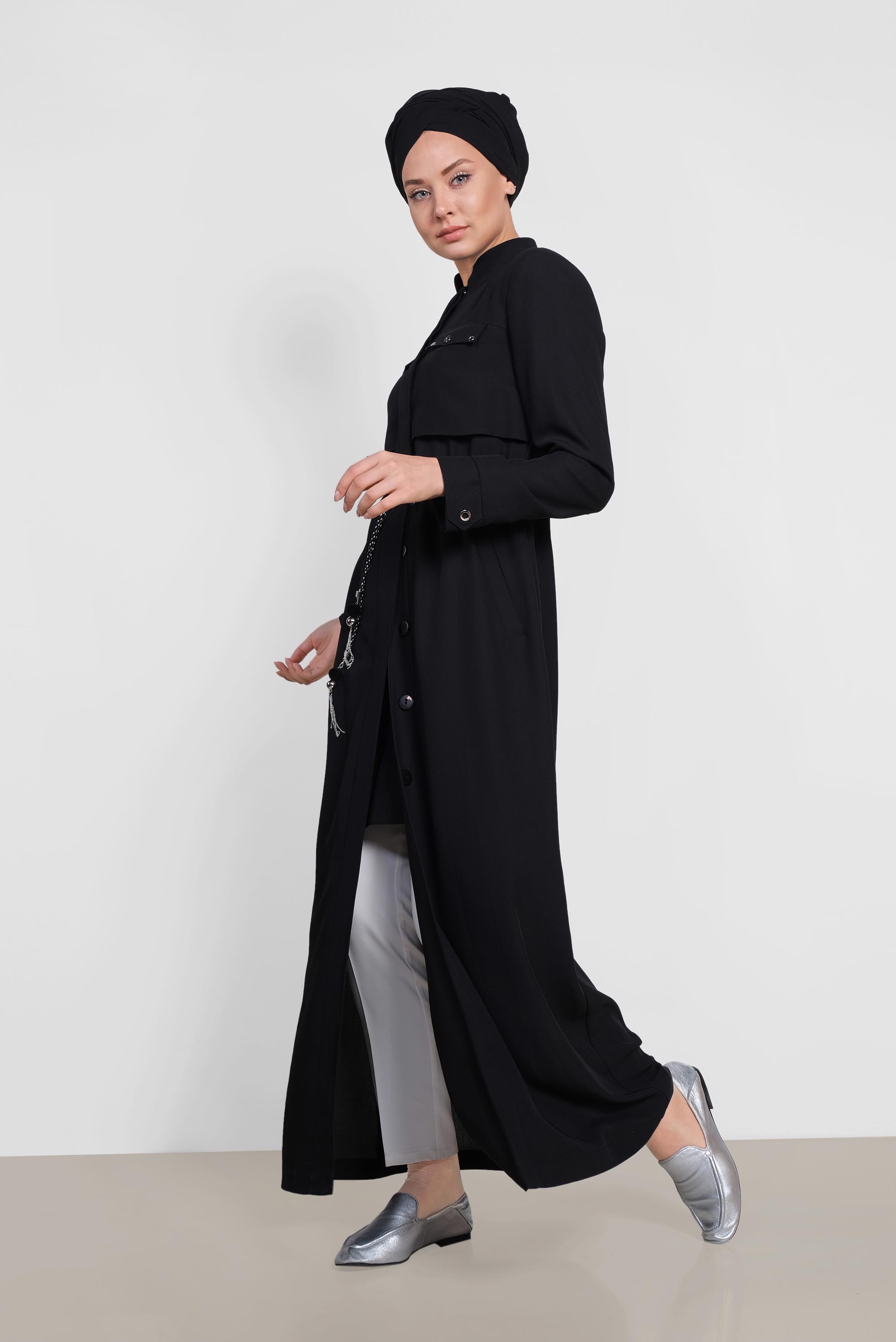 Tesettür giyim SİYAH BELİ BÜZGÜLÜ GİZLİ DÜĞMELİ PARDESÜ 1439