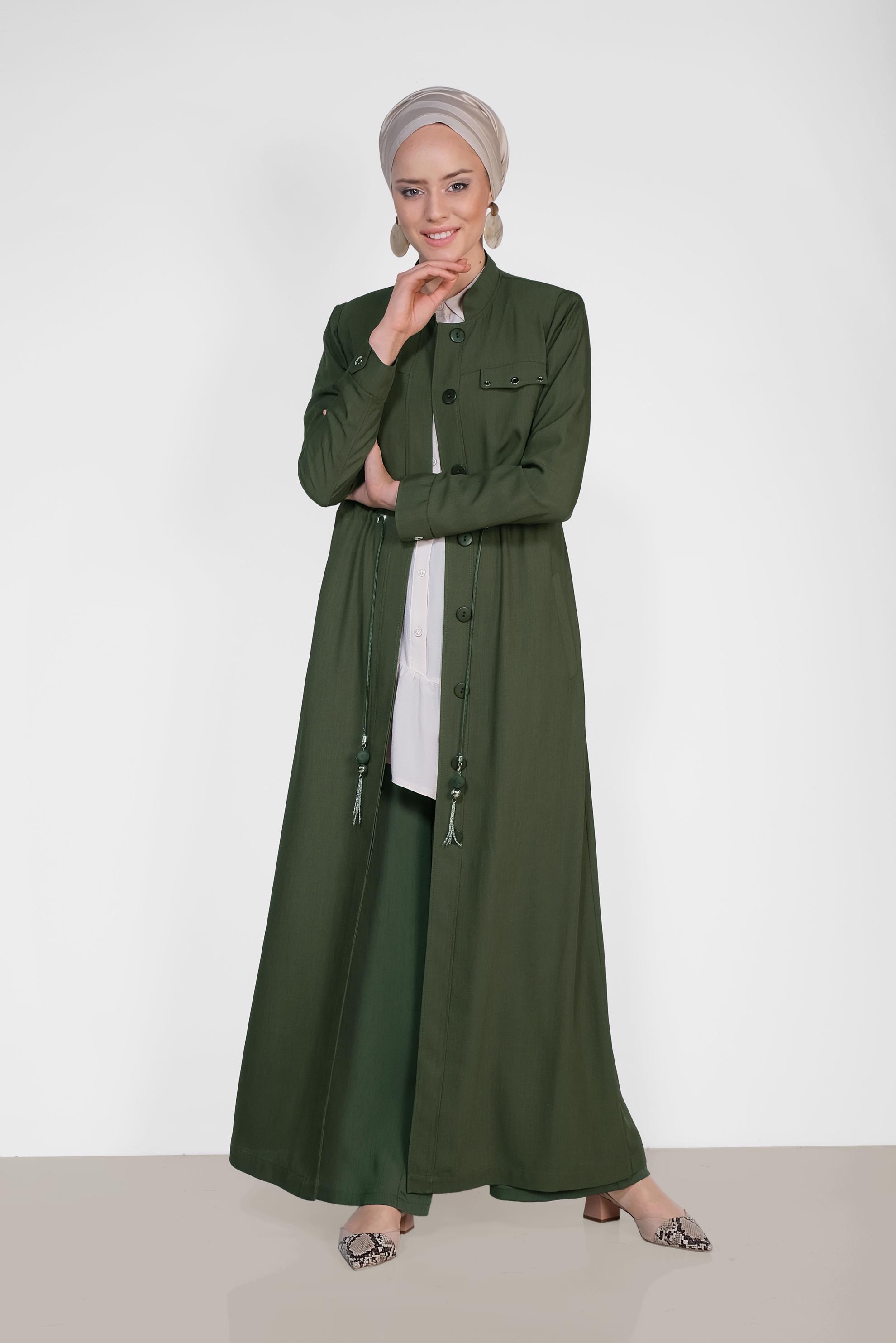 Tesettür giyim HAKİ BELİ BÜZGÜLÜ GİZLİ DÜĞMELİ PARDESÜ 1439