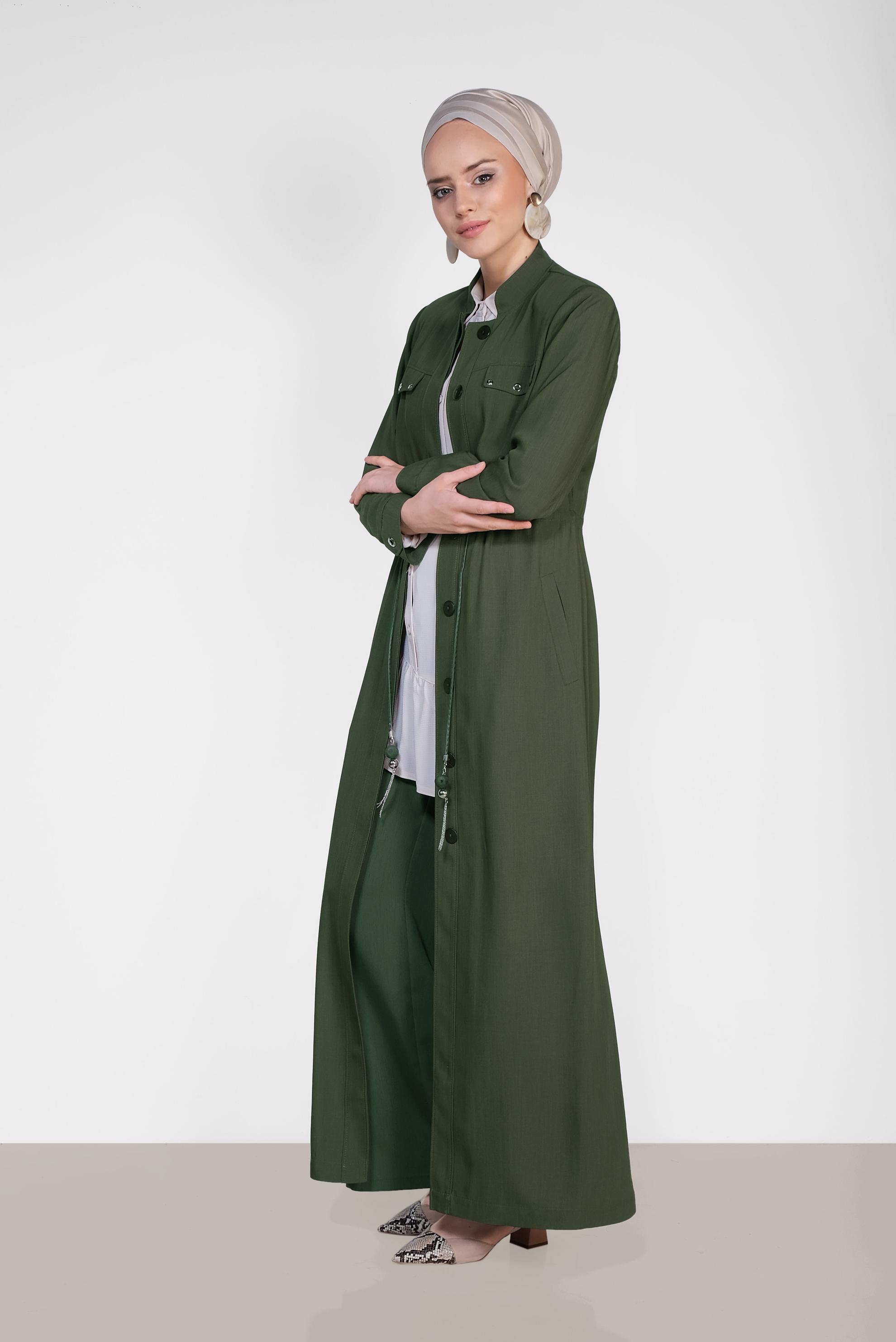 Tesettür giyim HAKİ BELİ BÜZGÜLÜ GİZLİ DÜĞMELİ PARDESÜ 1439