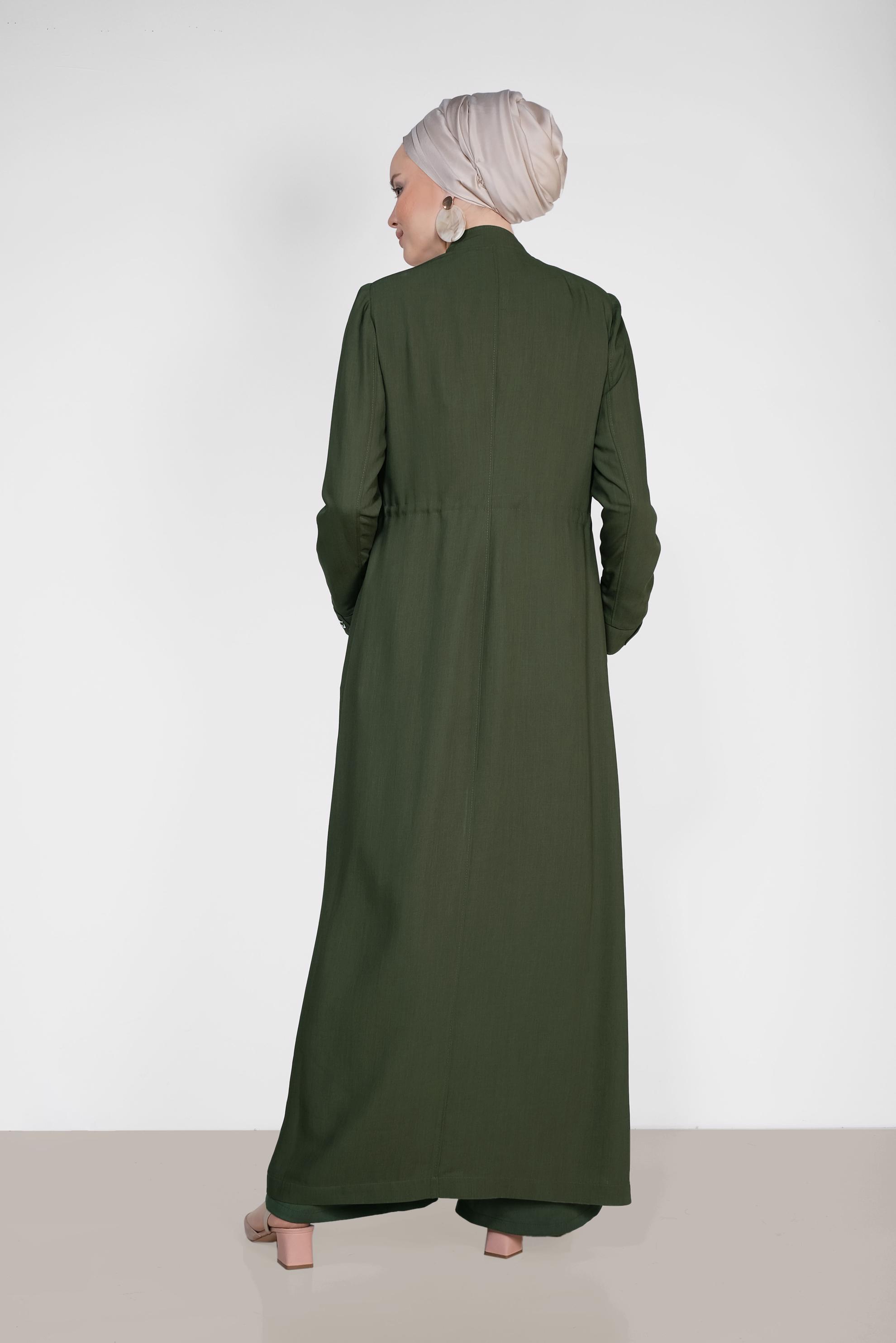 Tesettür giyim HAKİ BELİ BÜZGÜLÜ GİZLİ DÜĞMELİ PARDESÜ 1439