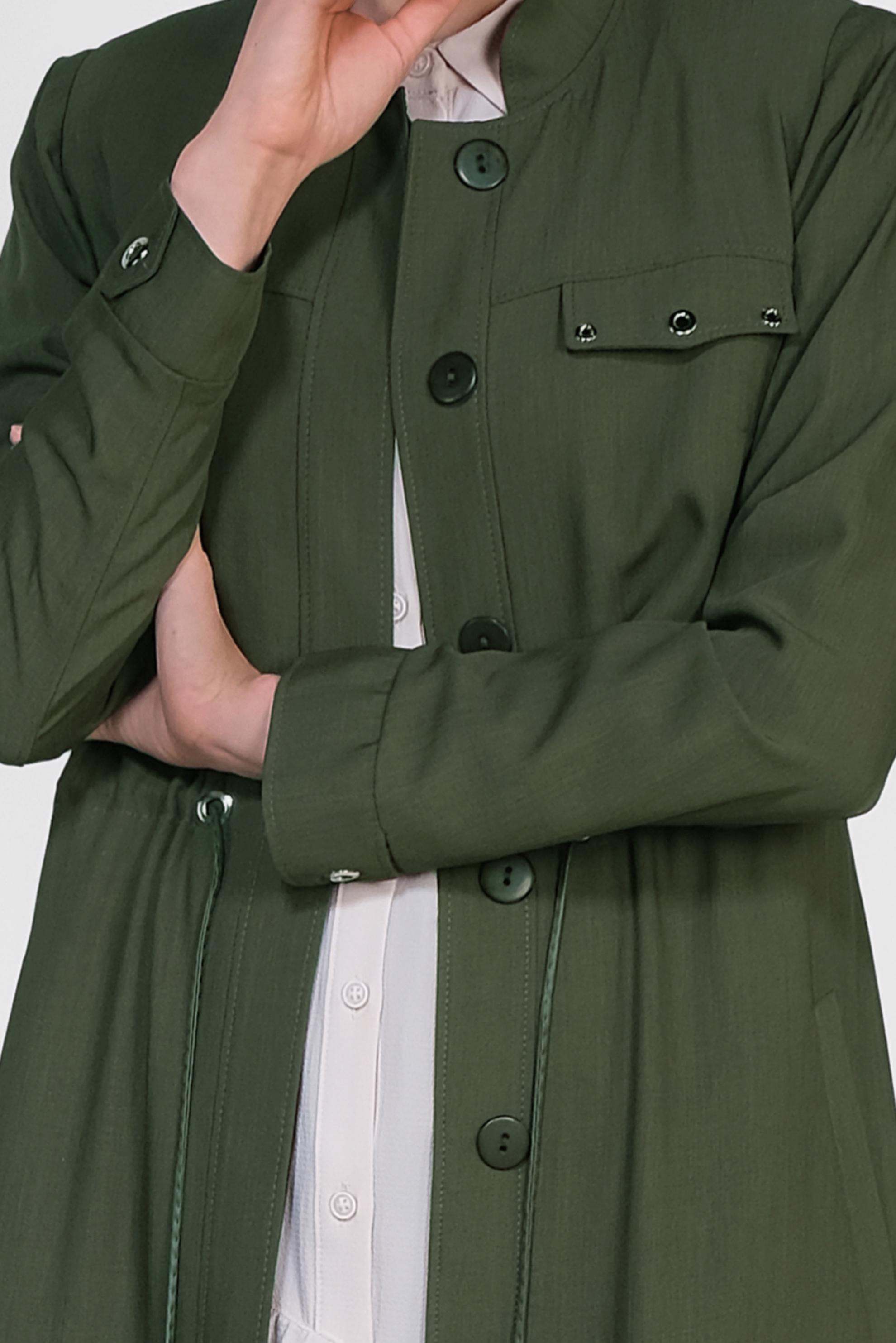 Tesettür giyim HAKİ BELİ BÜZGÜLÜ GİZLİ DÜĞMELİ PARDESÜ 1439