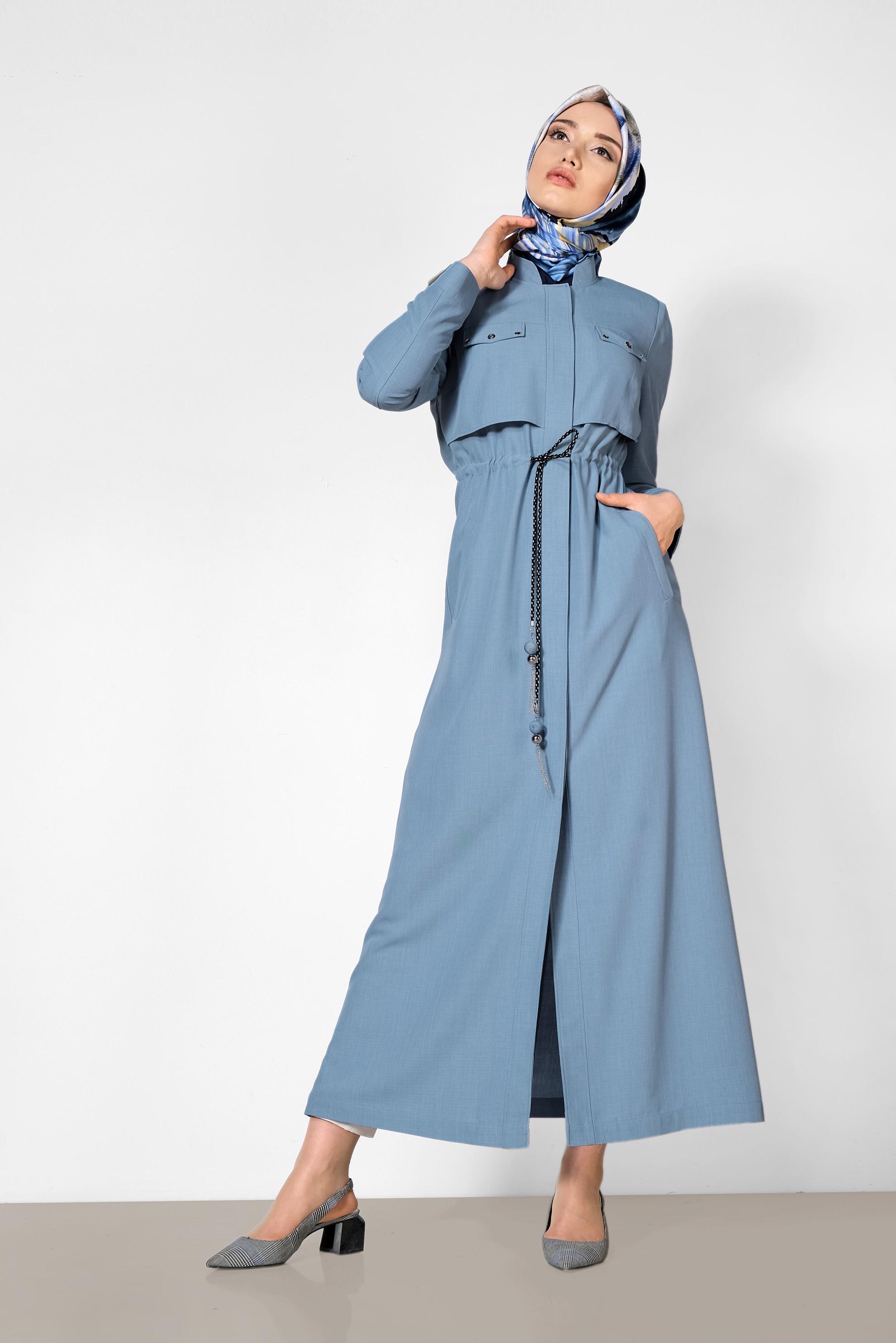 Tesettür giyim MAVİ BELİ BÜZGÜLÜ GİZLİ DÜĞMELİ PARDESÜ 1439