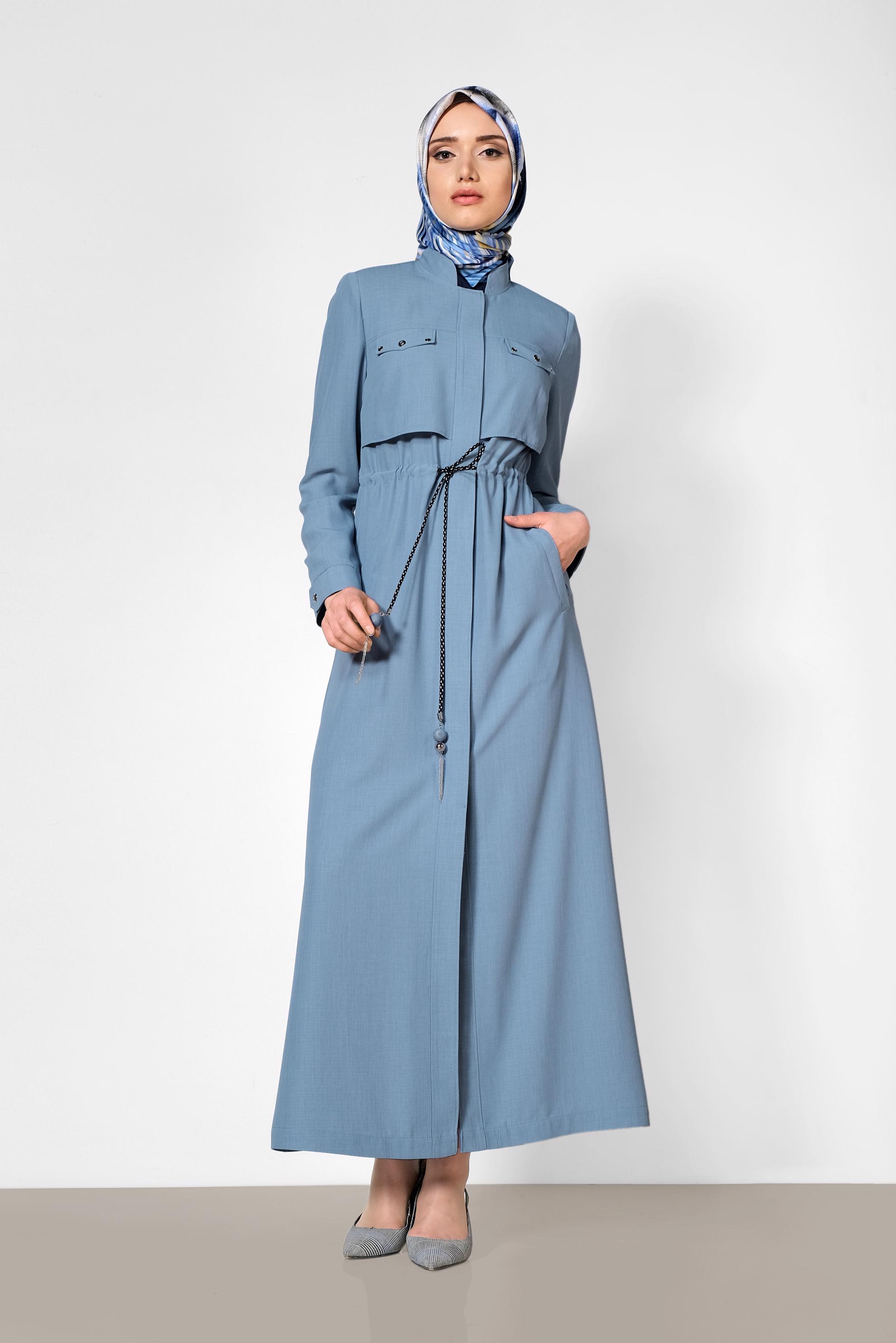 Tesettür giyim MAVİ BELİ BÜZGÜLÜ GİZLİ DÜĞMELİ PARDESÜ 1439