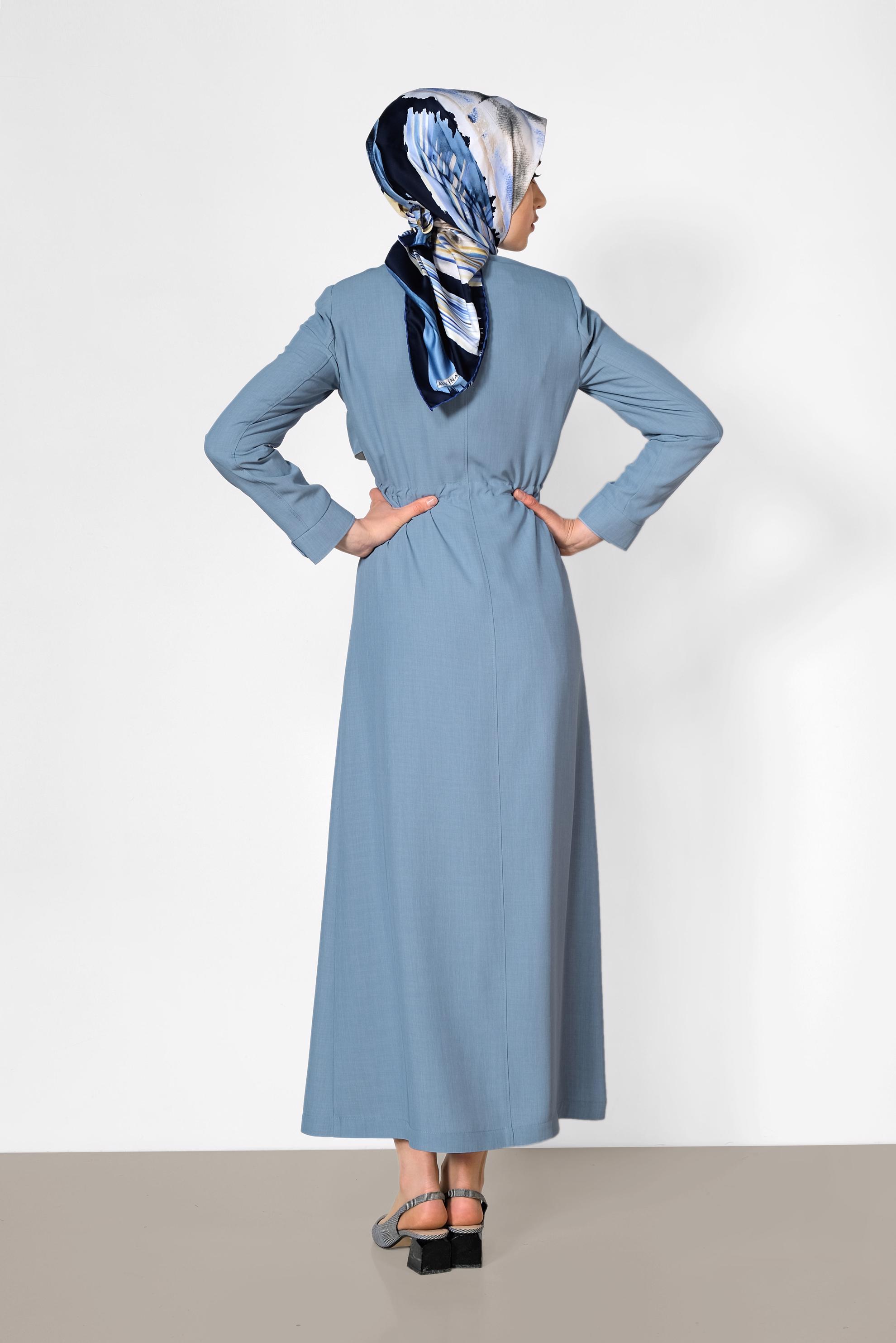 Tesettür giyim MAVİ BELİ BÜZGÜLÜ GİZLİ DÜĞMELİ PARDESÜ 1439