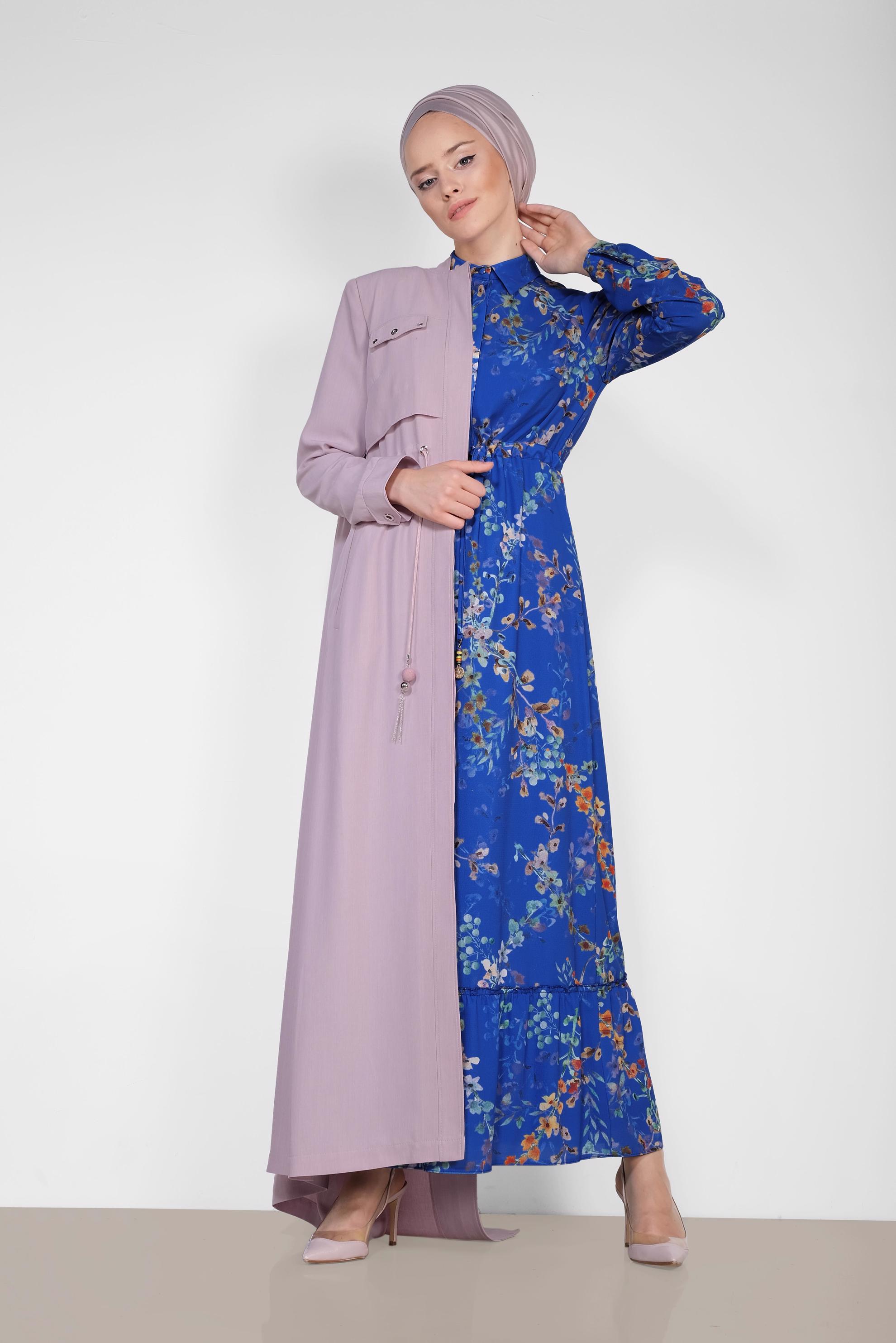 Tesettür giyim PUDRA BELİ BÜZGÜLÜ GİZLİ DÜĞMELİ PARDESÜ 1439