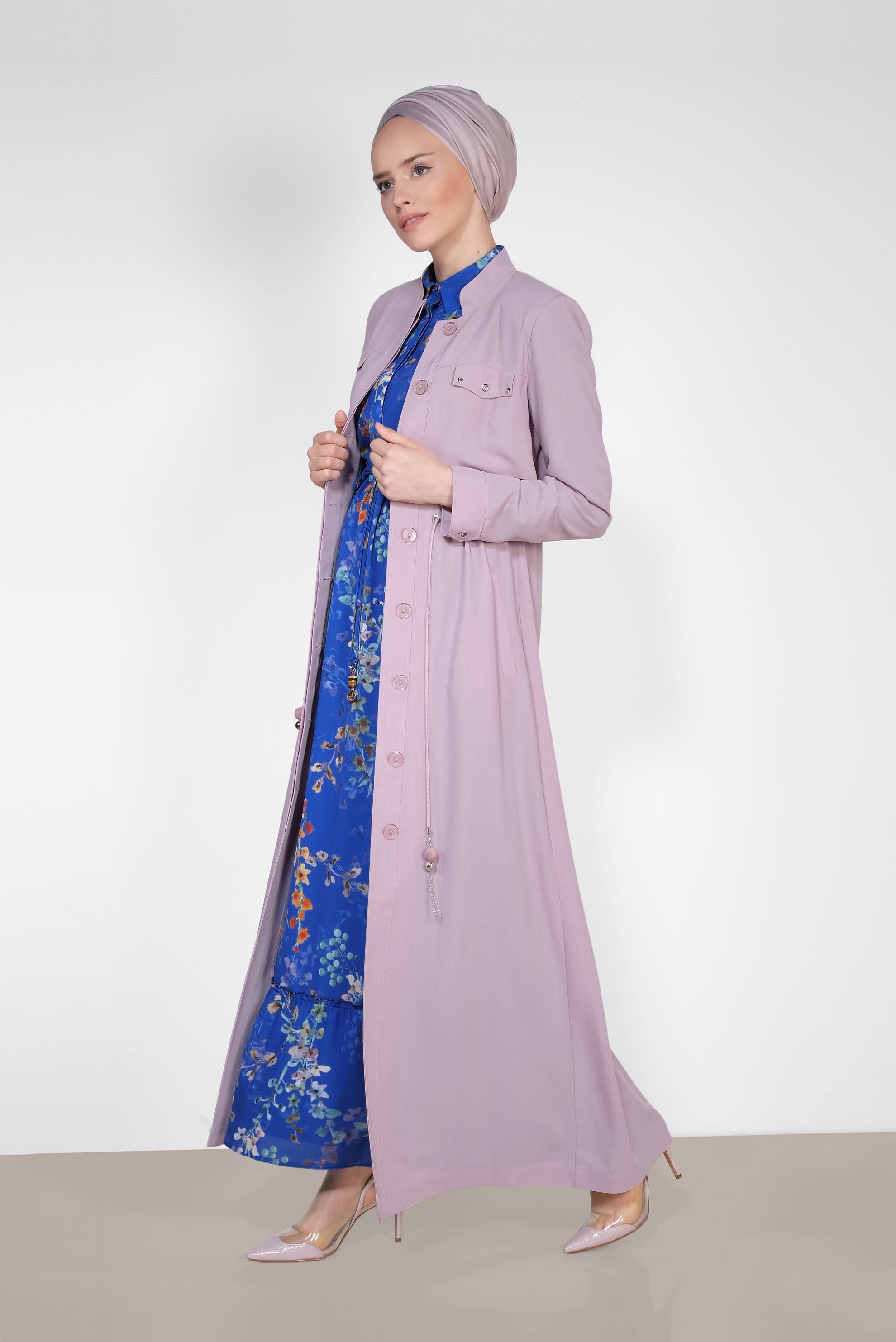 Tesettür giyim PUDRA BELİ BÜZGÜLÜ GİZLİ DÜĞMELİ PARDESÜ 1439