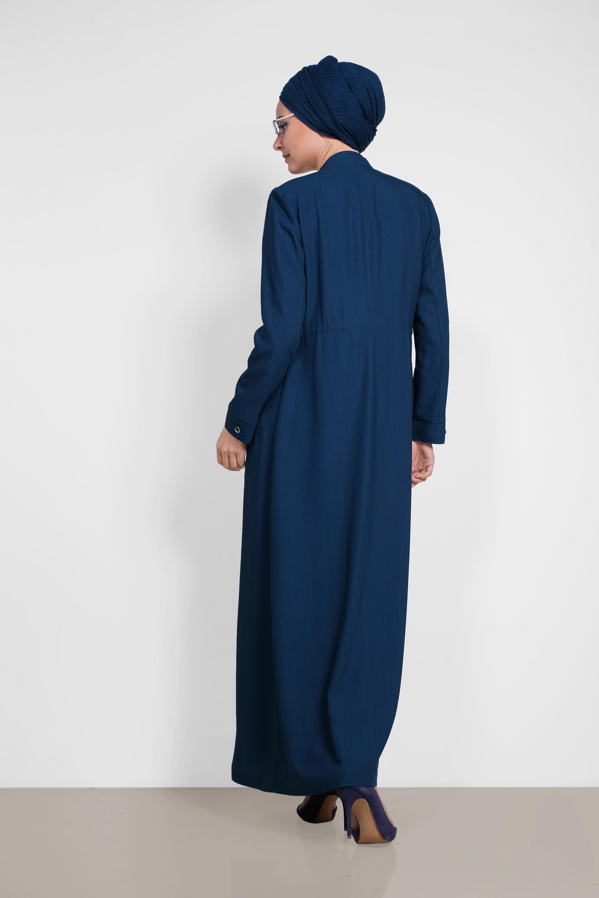 Tesettür giyim LACİVERT BELİ BÜZGÜLÜ GİZLİ DÜĞMELİ PARDESÜ 1439