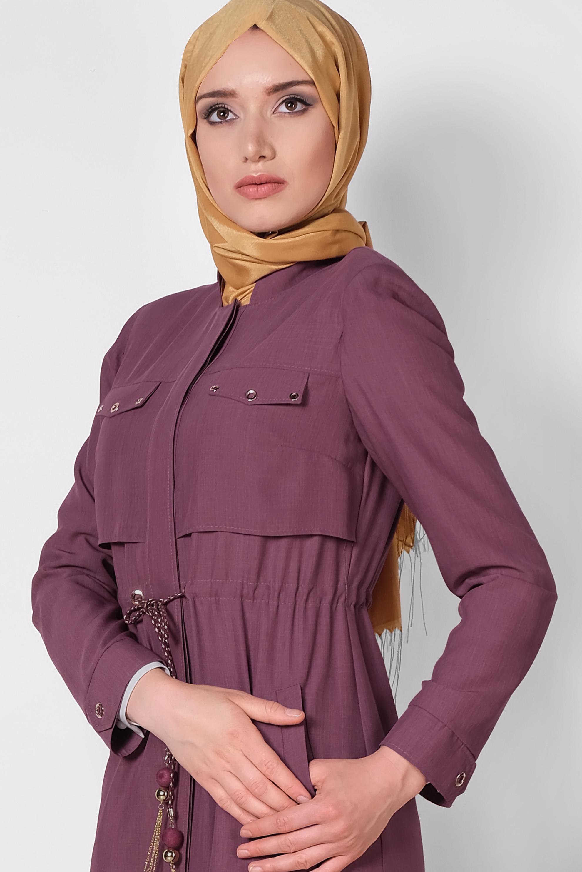 Tesettür giyim PEMBE BELİ BÜZGÜLÜ GİZLİ DÜĞMELİ PARDESÜ 1439