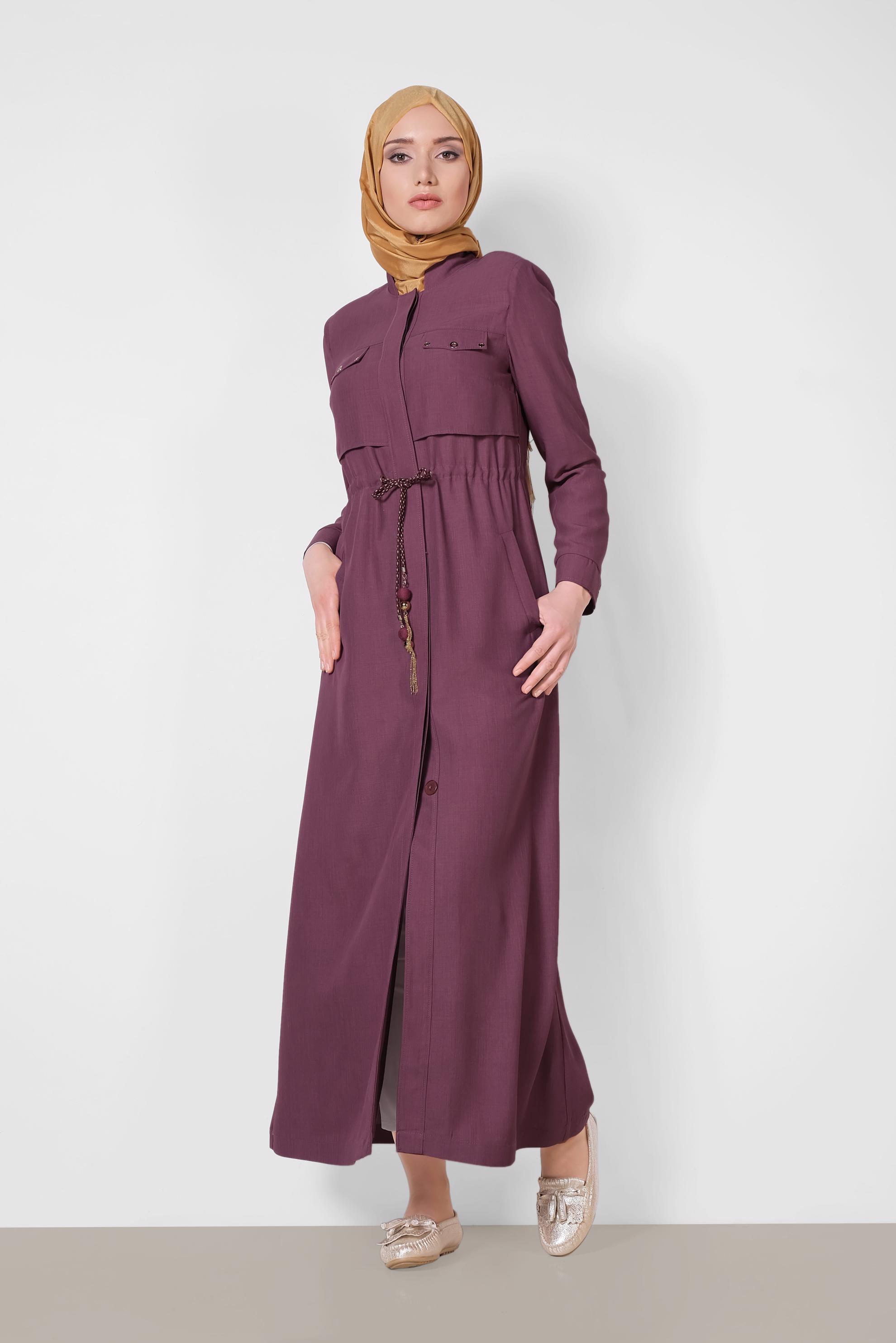Tesettür giyim PEMBE BELİ BÜZGÜLÜ GİZLİ DÜĞMELİ PARDESÜ 1439