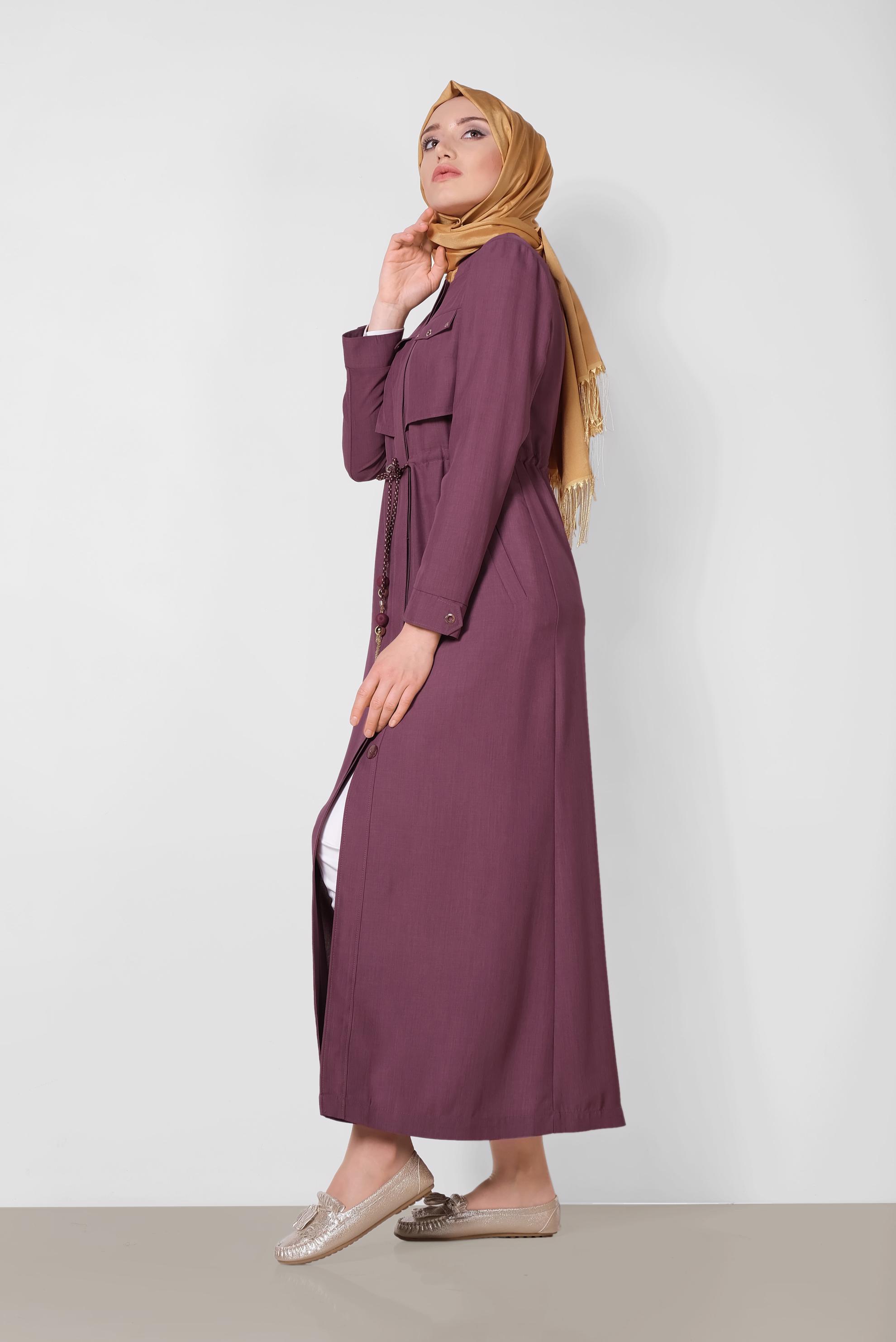Tesettür giyim PEMBE BELİ BÜZGÜLÜ GİZLİ DÜĞMELİ PARDESÜ 1439