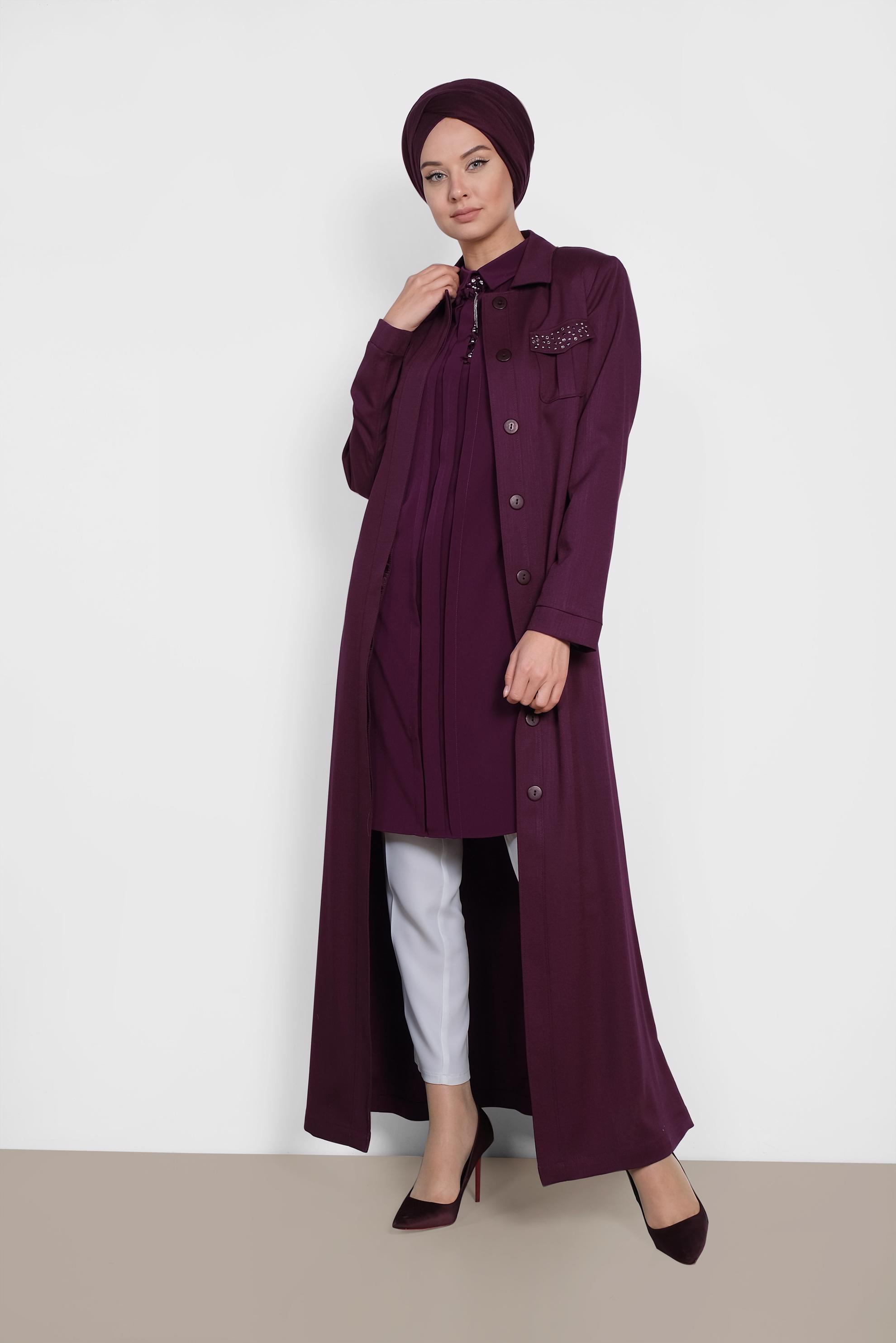 Hijab clothing PURPLE Hidden Button Overcoat 1444