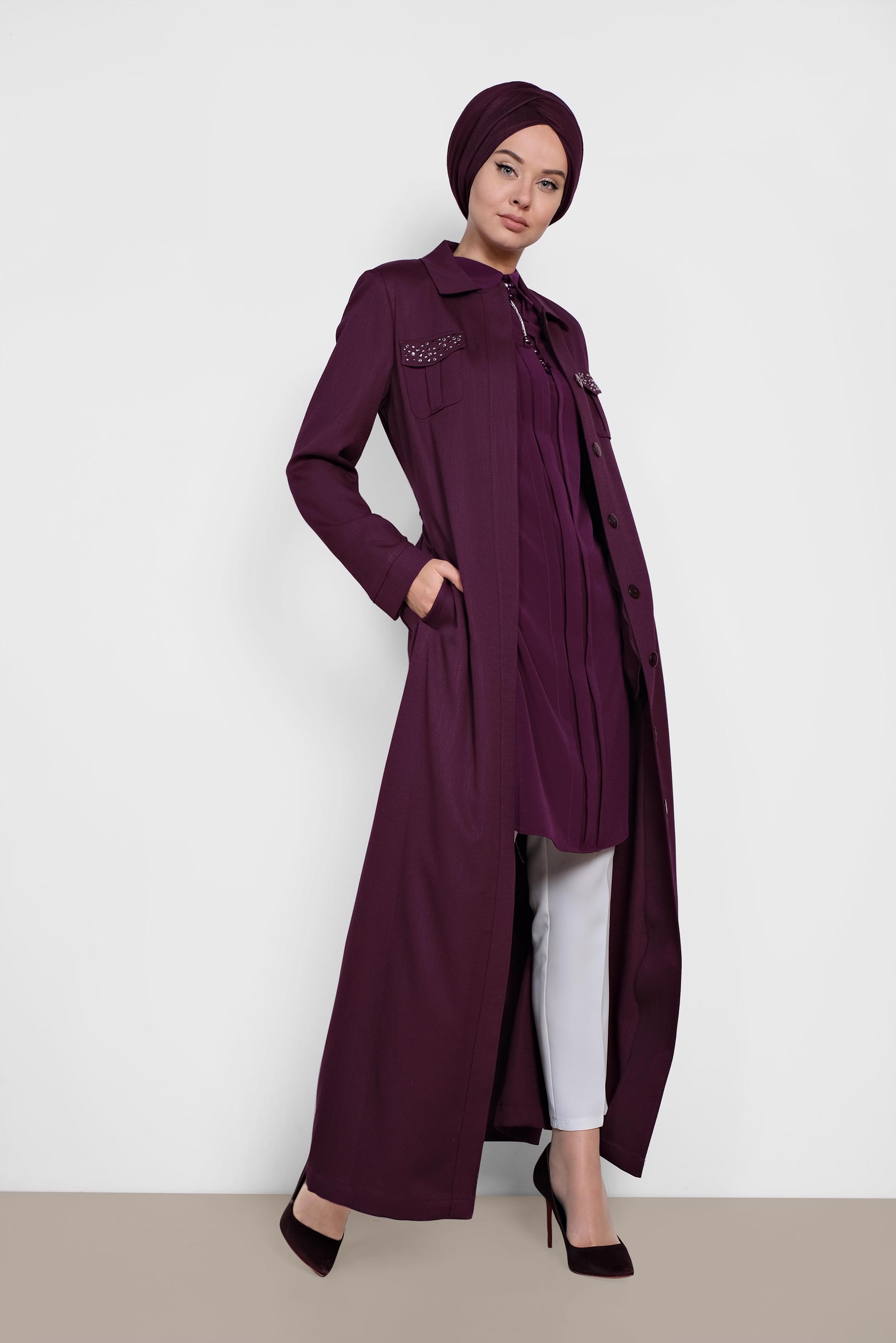 Hijab clothing PURPLE Hidden Button Overcoat 1444