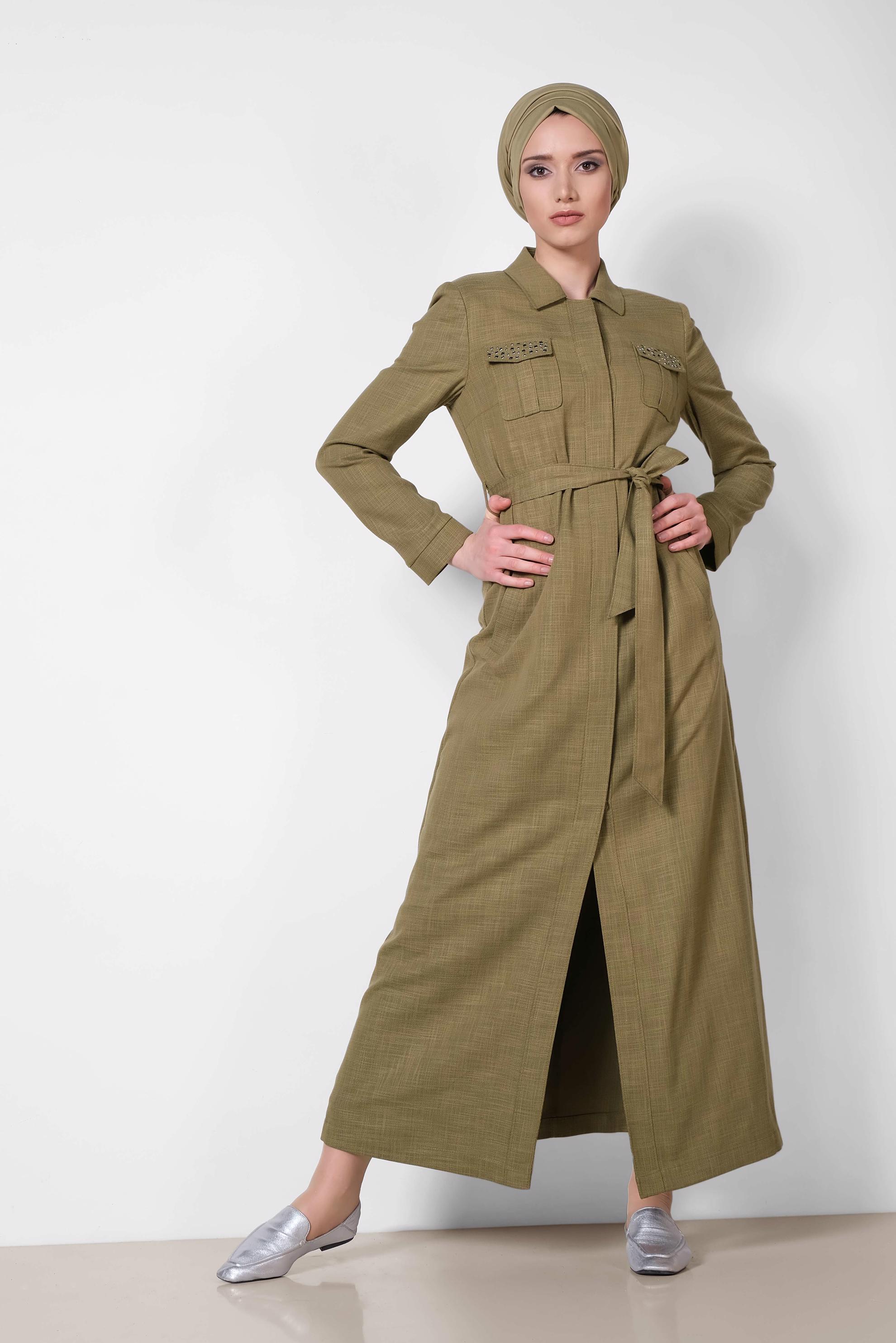 Tesettür giyim HAKİ GİZLİ DÜĞMELİ PARDESÜ 1444