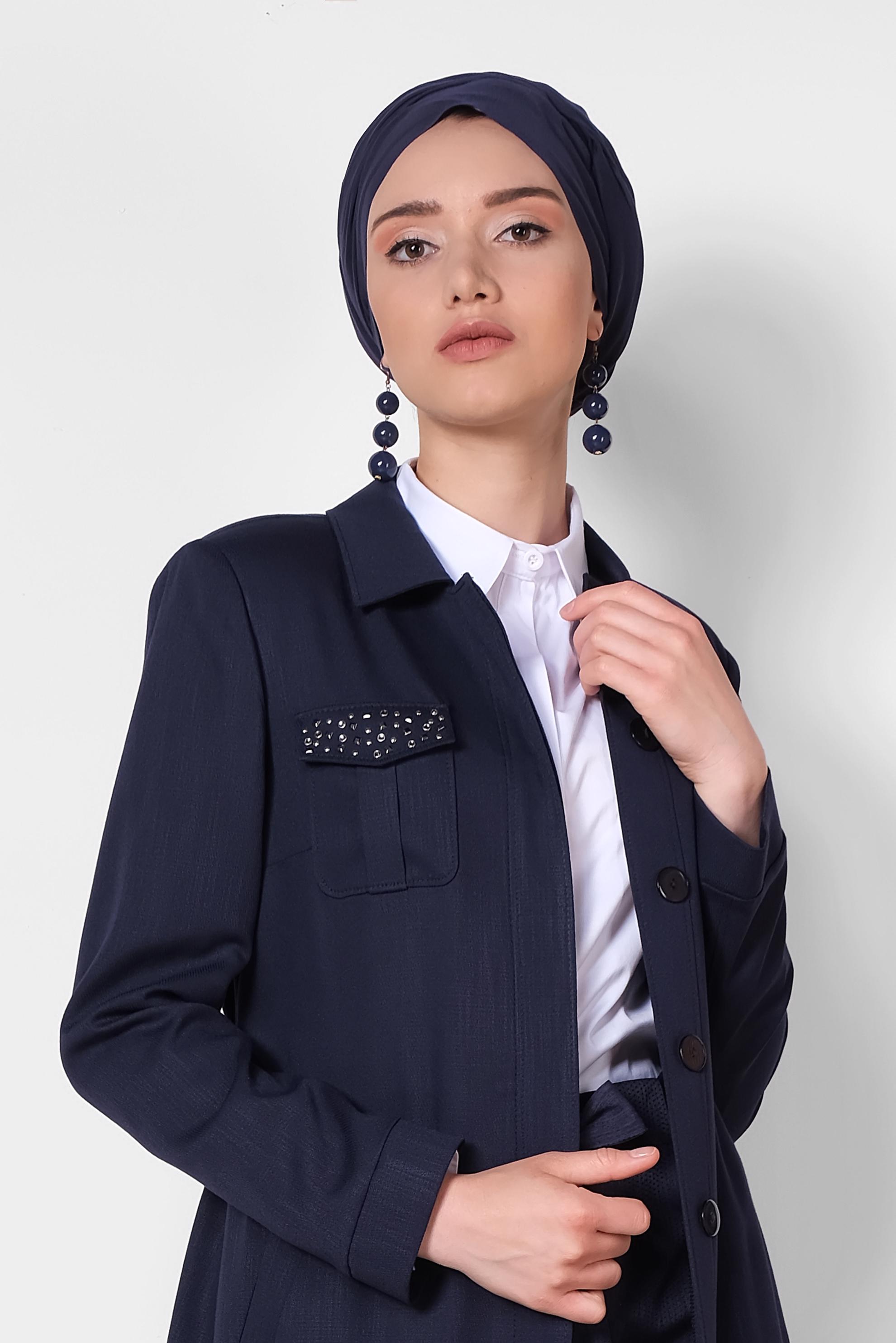 Tesettür giyim LACİVERT GİZLİ DÜĞMELİ PARDESÜ 1444