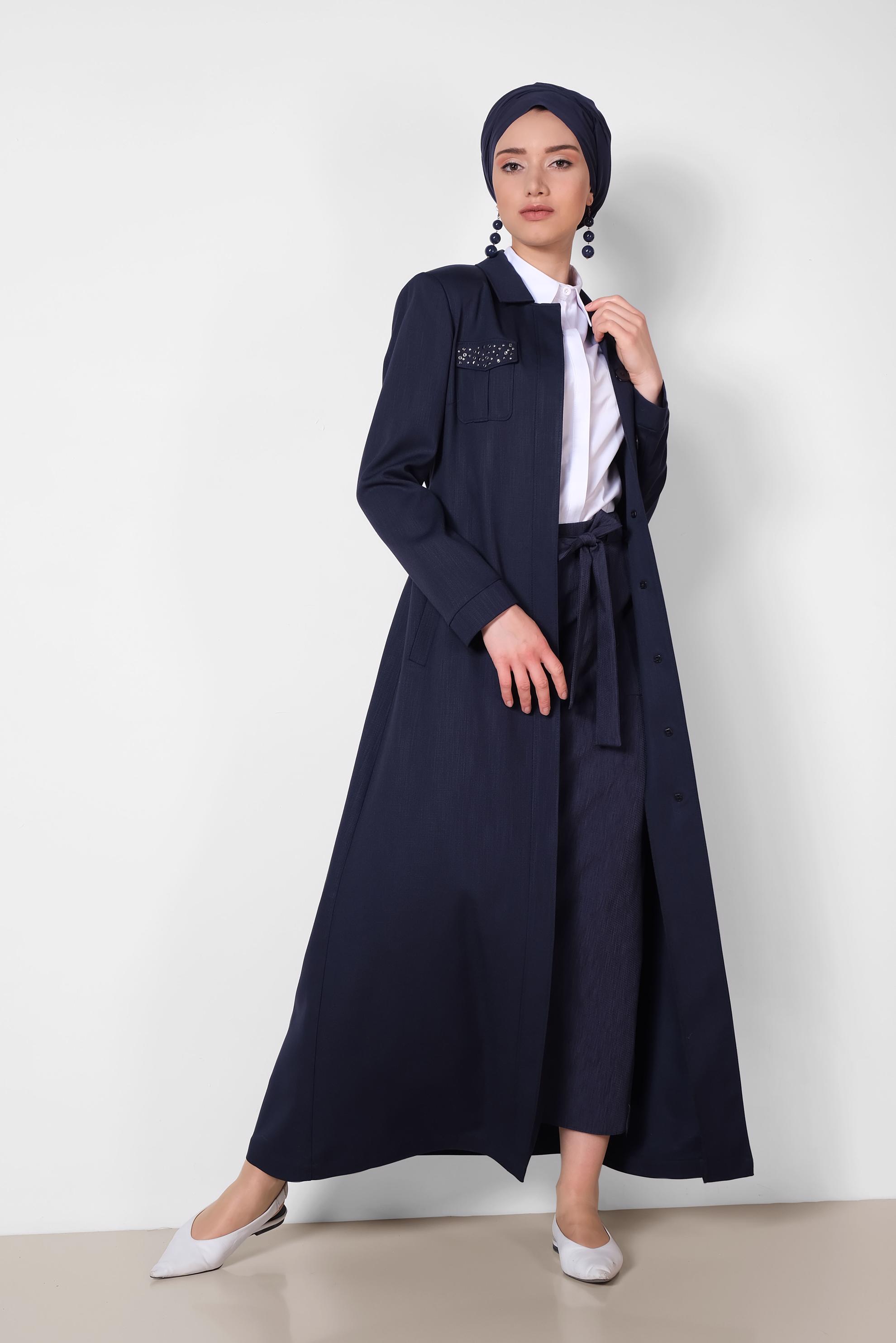 Tesettür giyim LACİVERT GİZLİ DÜĞMELİ PARDESÜ 1444