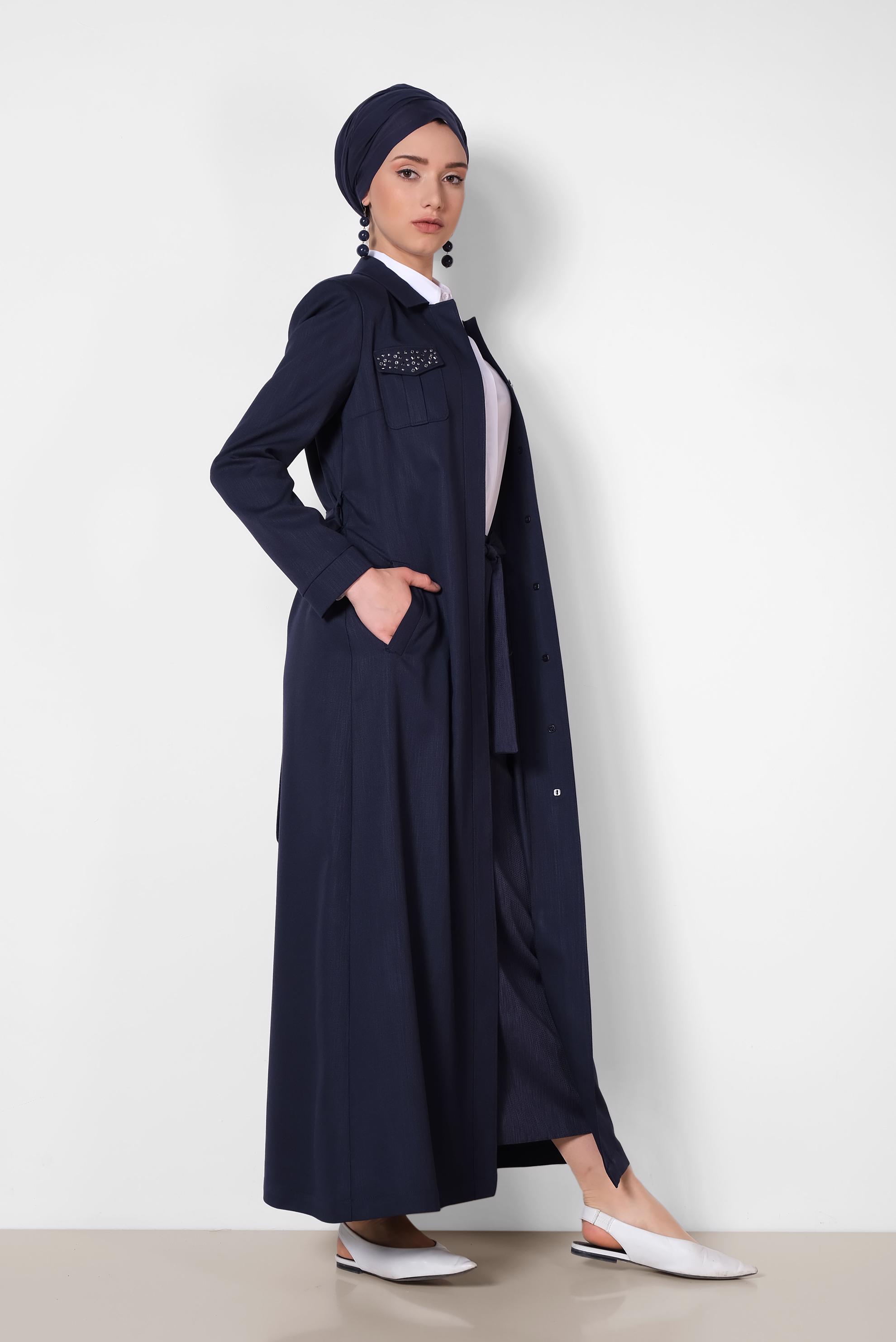 Tesettür giyim LACİVERT GİZLİ DÜĞMELİ PARDESÜ 1444