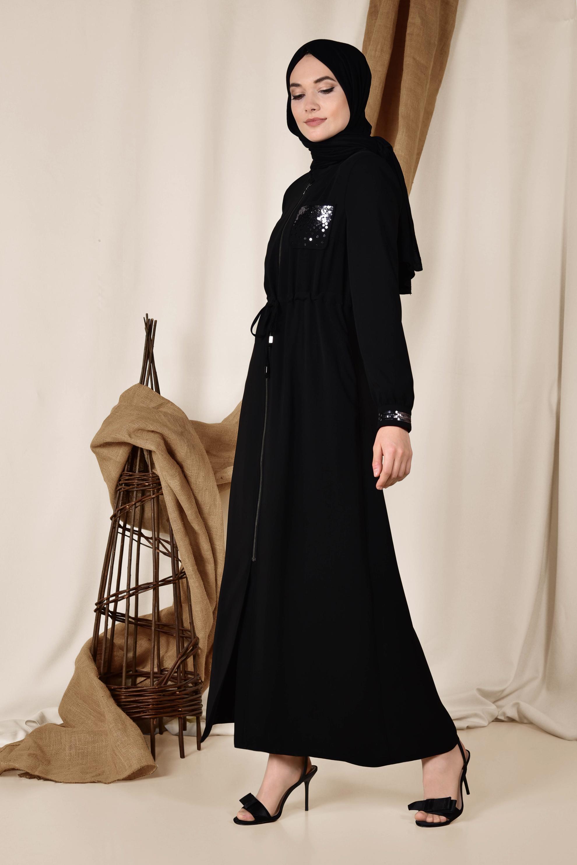 Tesettür giyim SİYAH BELİ BÜZGÜLÜ FERMUARLI PARDESÜ 1445