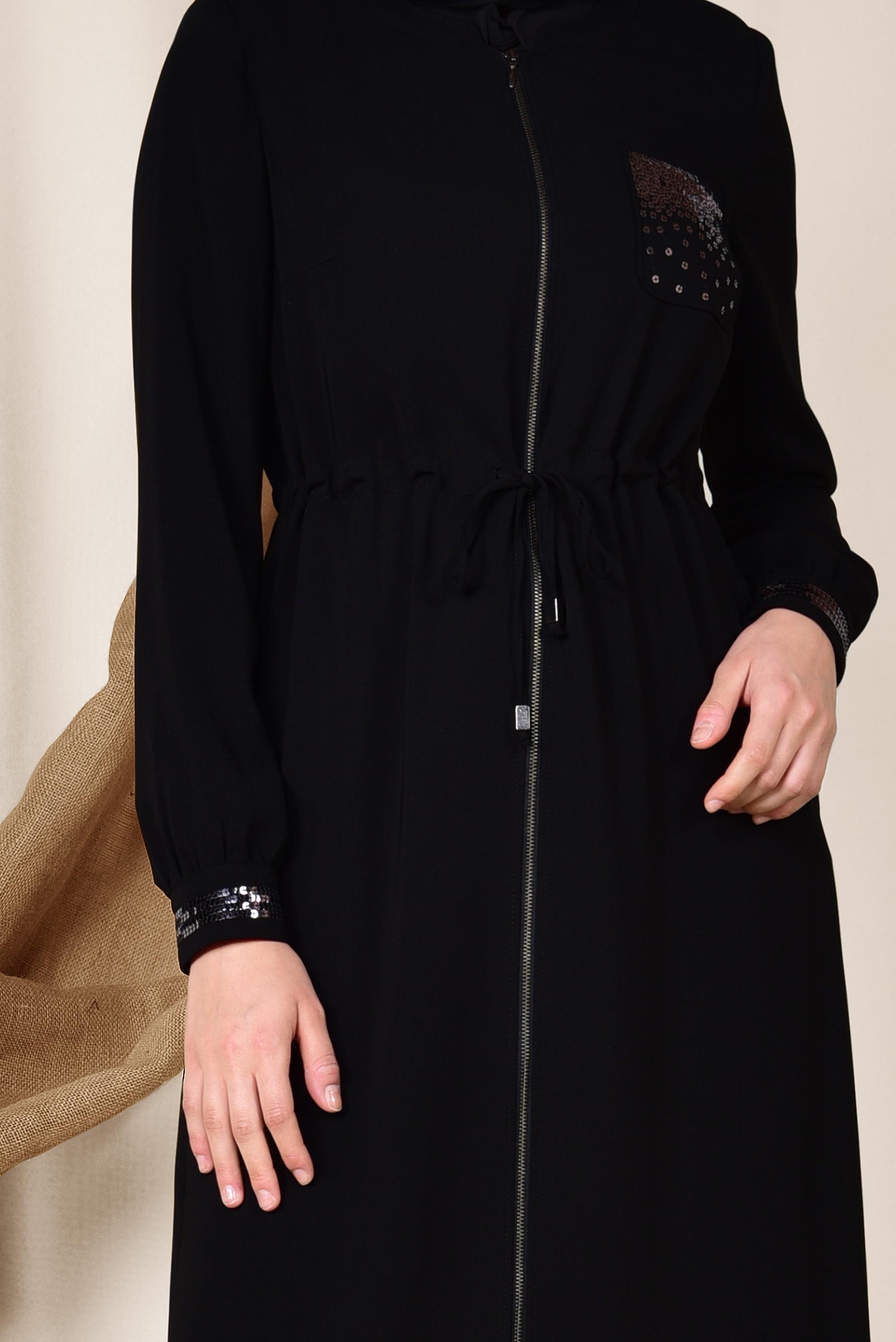 Tesettür giyim SİYAH BELİ BÜZGÜLÜ FERMUARLI PARDESÜ 1445