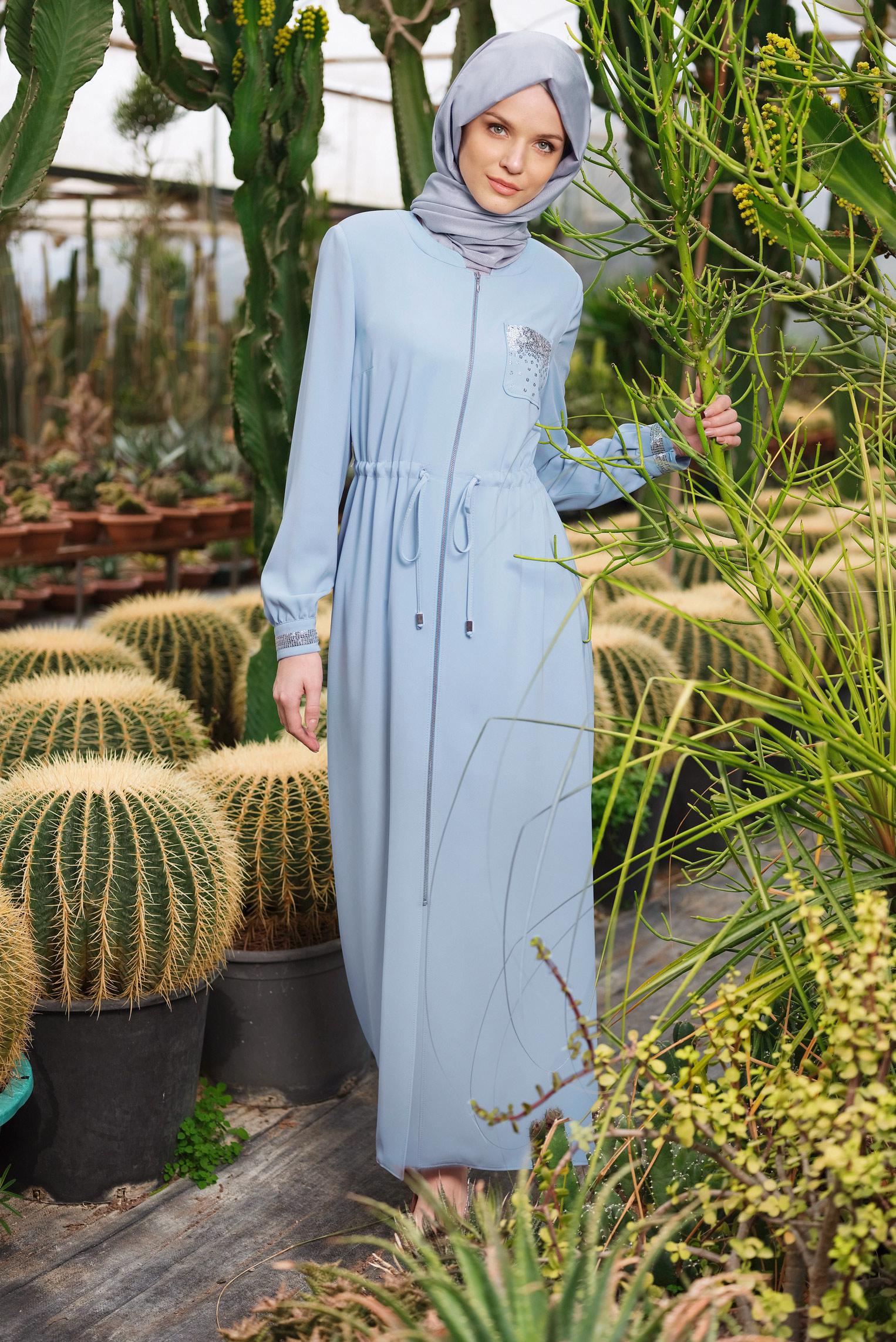 Tesettür giyim MAVİ BELİ BÜZGÜLÜ FERMUARLI PARDESÜ 1445