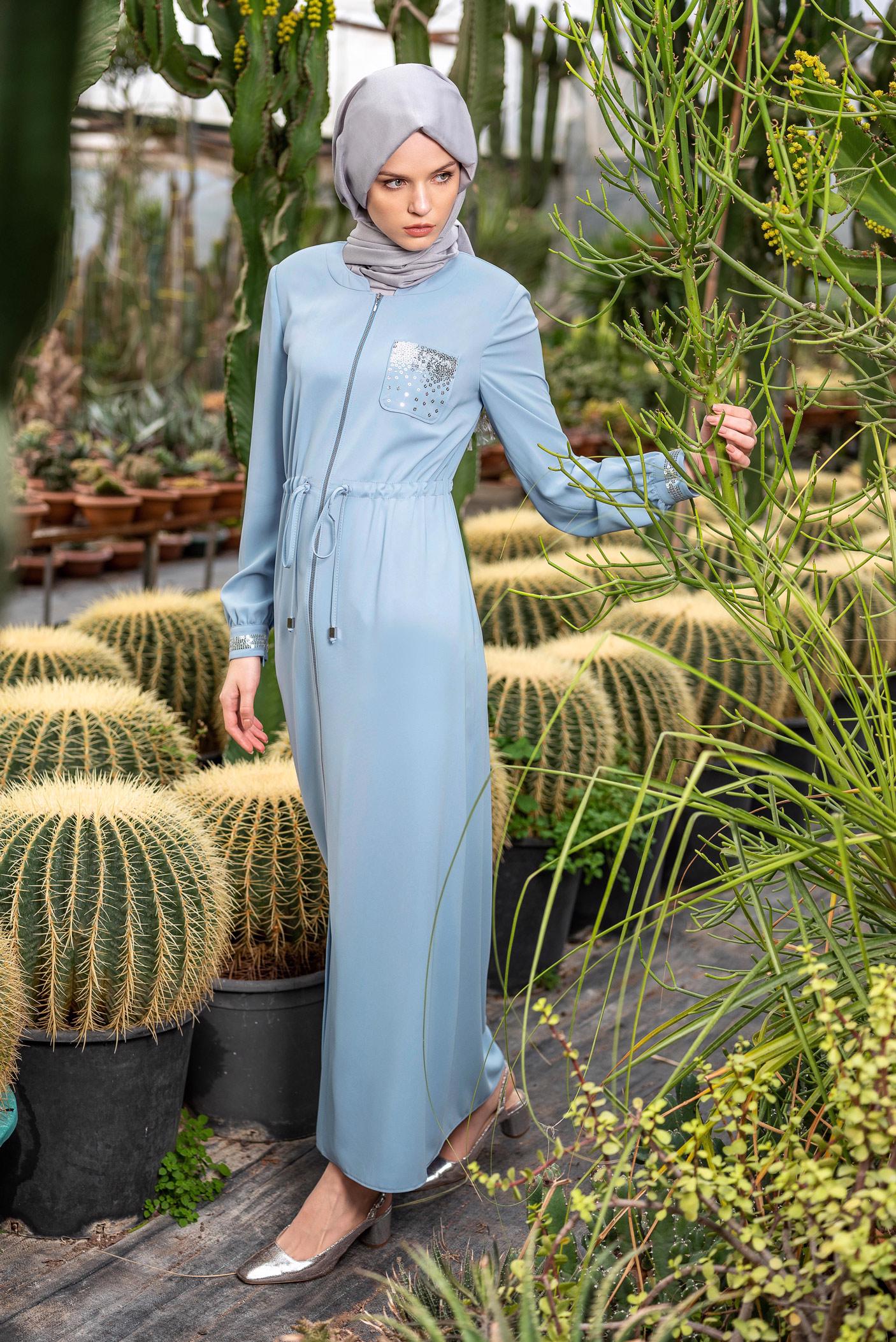 Tesettür giyim MAVİ BELİ BÜZGÜLÜ FERMUARLI PARDESÜ 1445