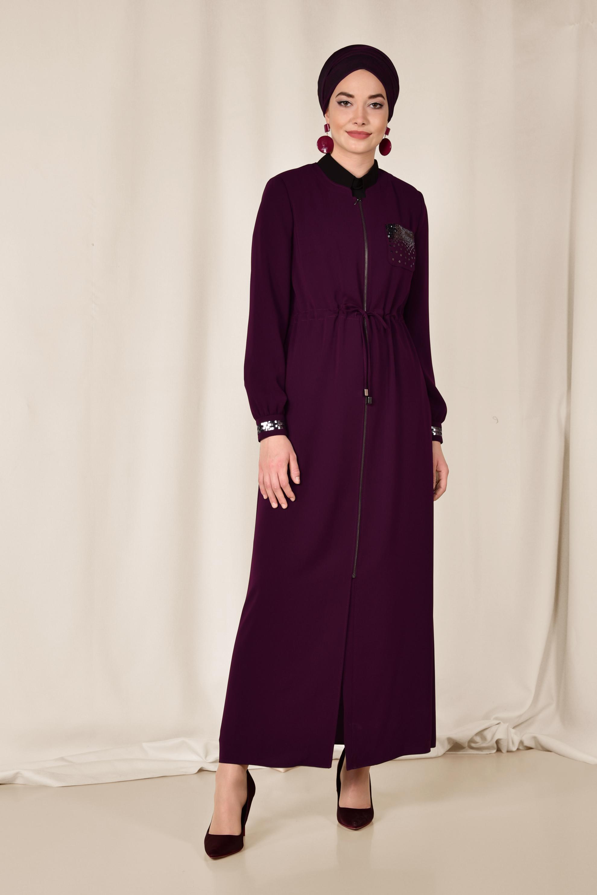 Tesettür giyim BORDO BELİ BÜZGÜLÜ FERMUARLI PARDESÜ 1445