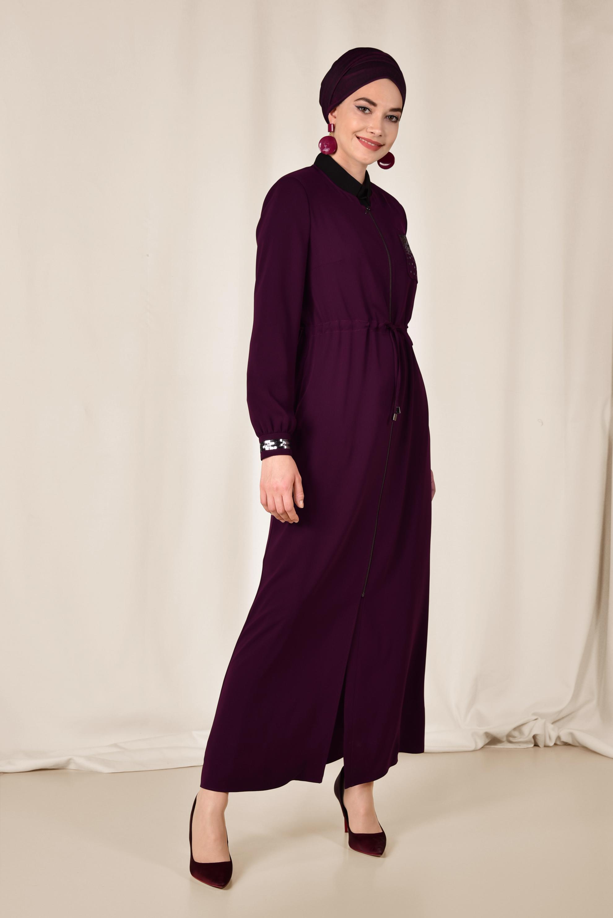 Tesettür giyim BORDO BELİ BÜZGÜLÜ FERMUARLI PARDESÜ 1445