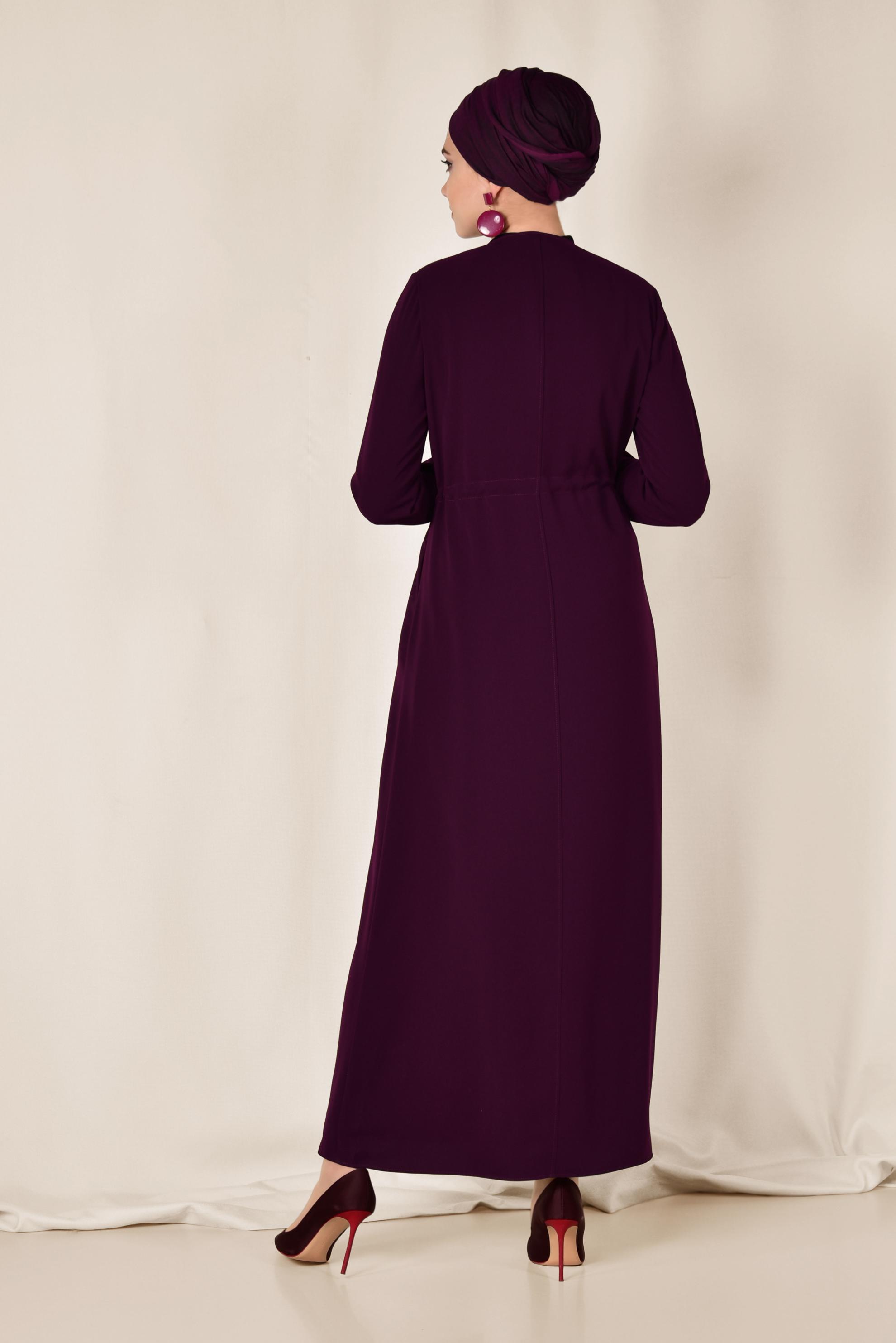 Tesettür giyim BORDO BELİ BÜZGÜLÜ FERMUARLI PARDESÜ 1445