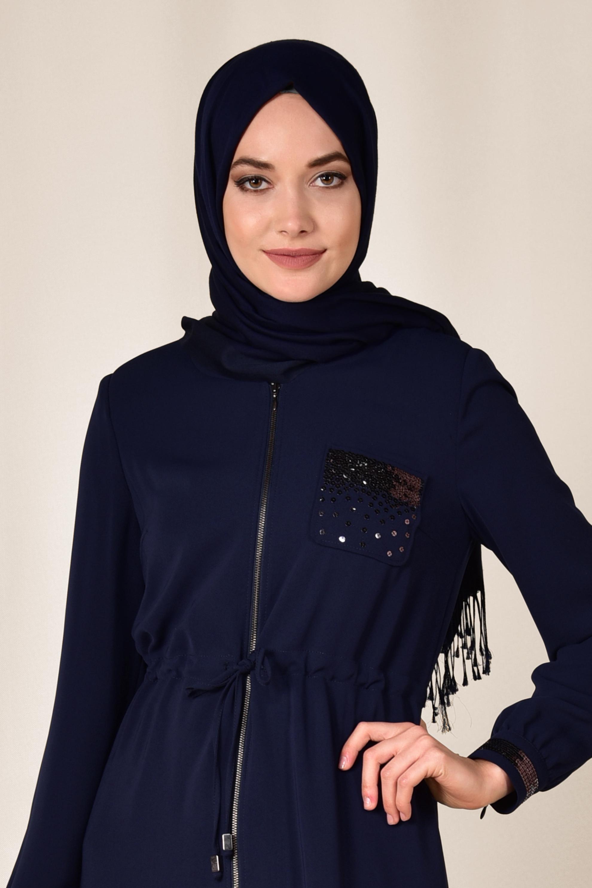 Tesettür giyim LACİVERT BELİ BÜZGÜLÜ FERMUARLI PARDESÜ 1445