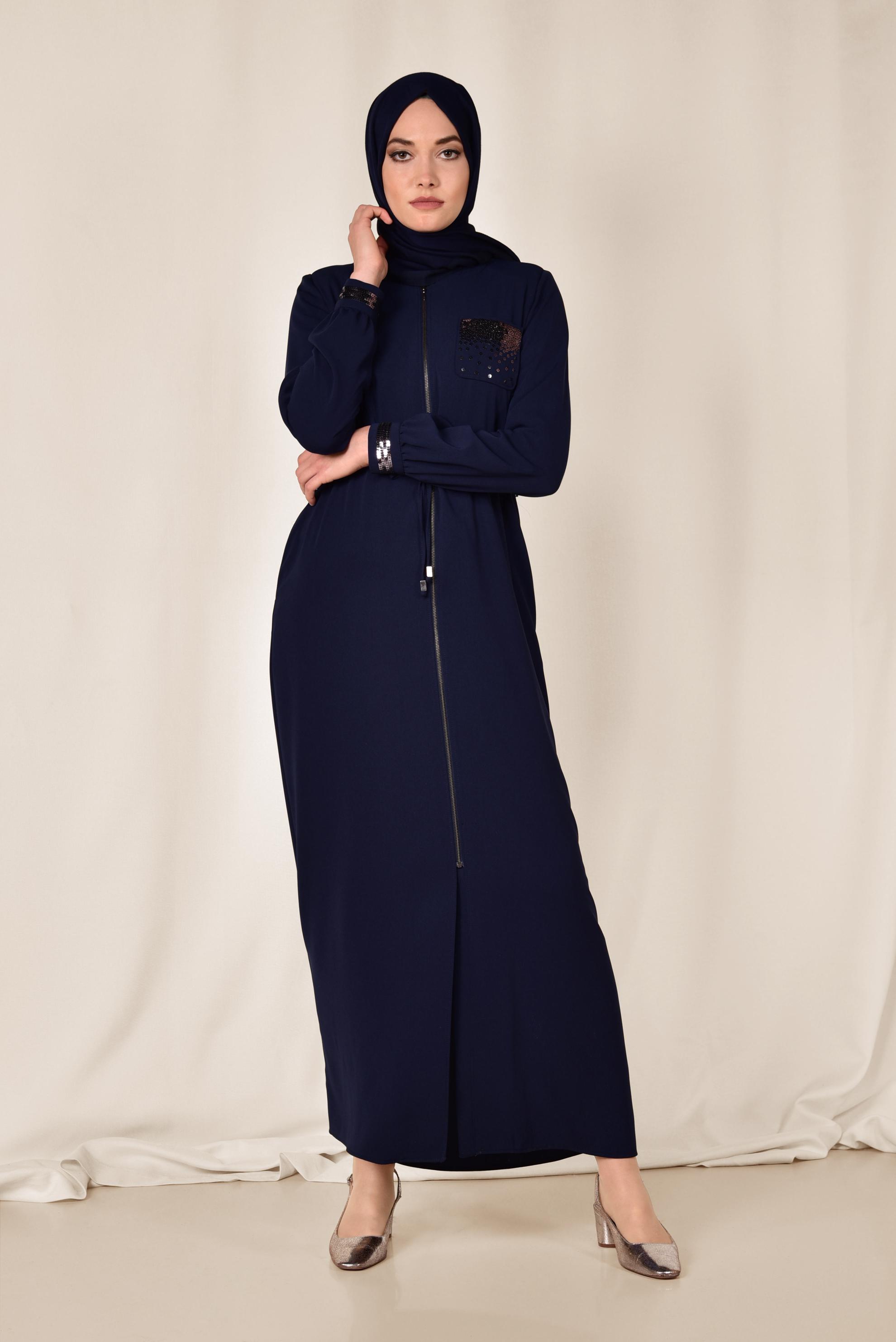 Tesettür giyim LACİVERT BELİ BÜZGÜLÜ FERMUARLI PARDESÜ 1445