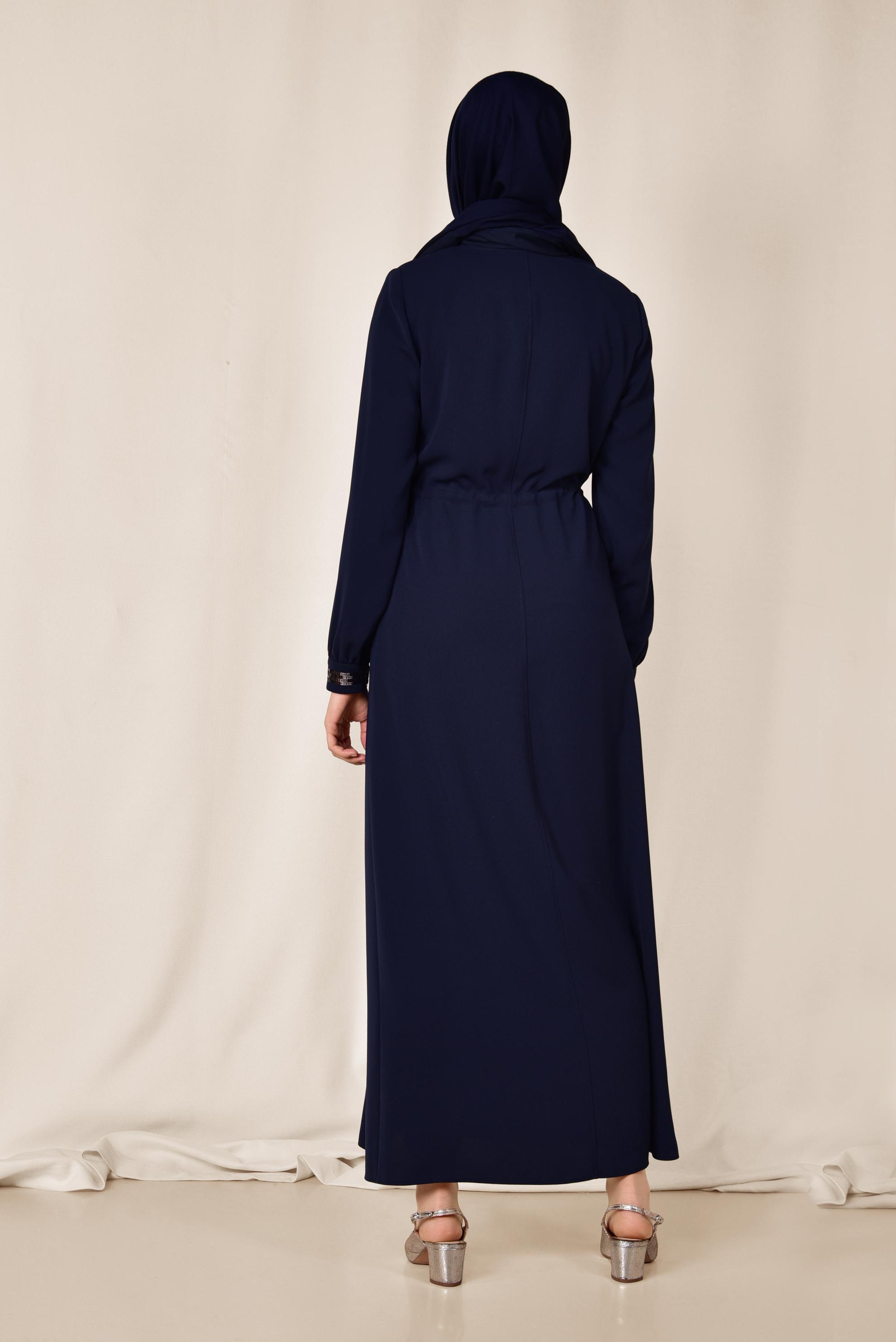 Tesettür giyim LACİVERT BELİ BÜZGÜLÜ FERMUARLI PARDESÜ 1445