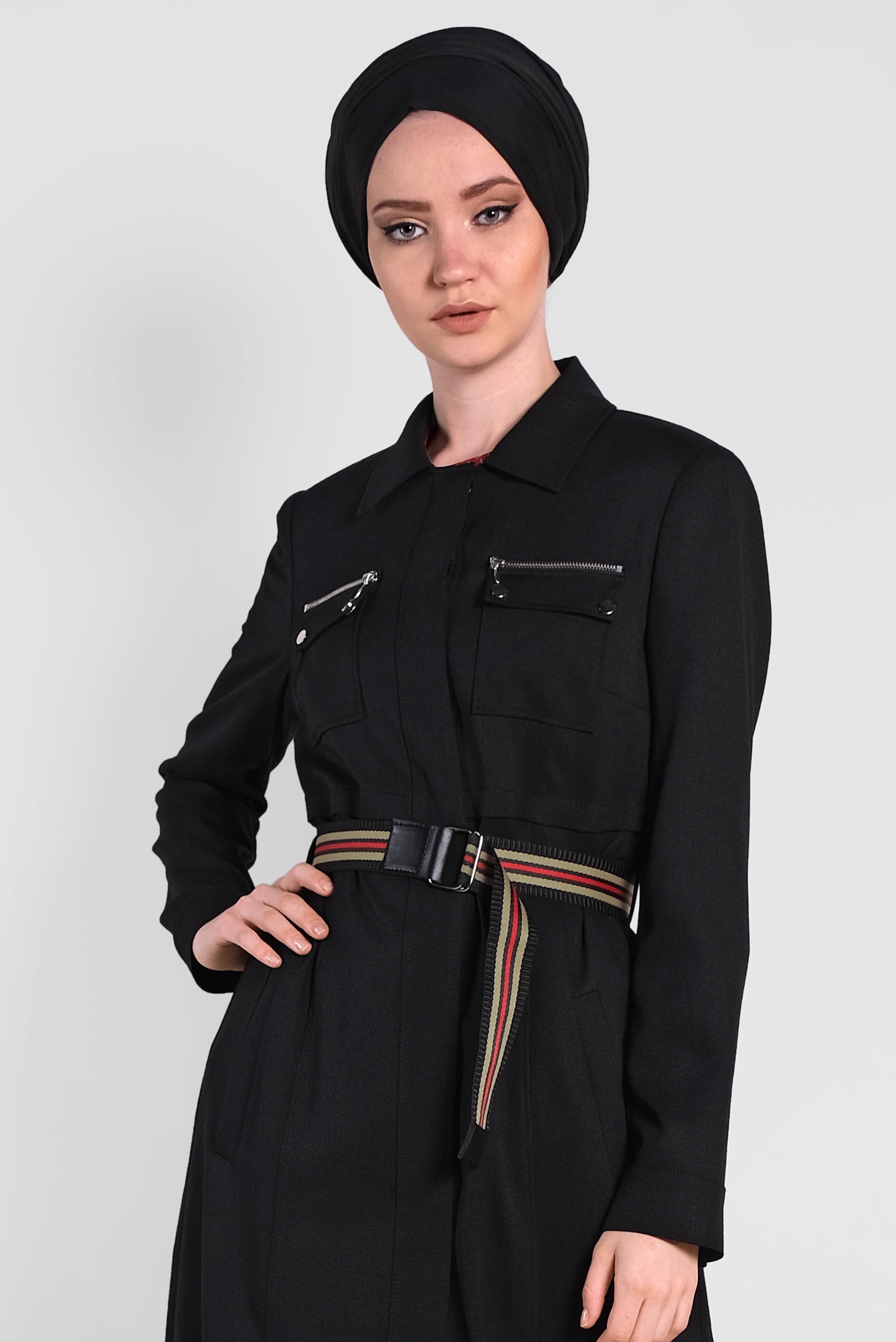 Hijab clothing BLACK Hidden Button Belted Overcoat 1446 